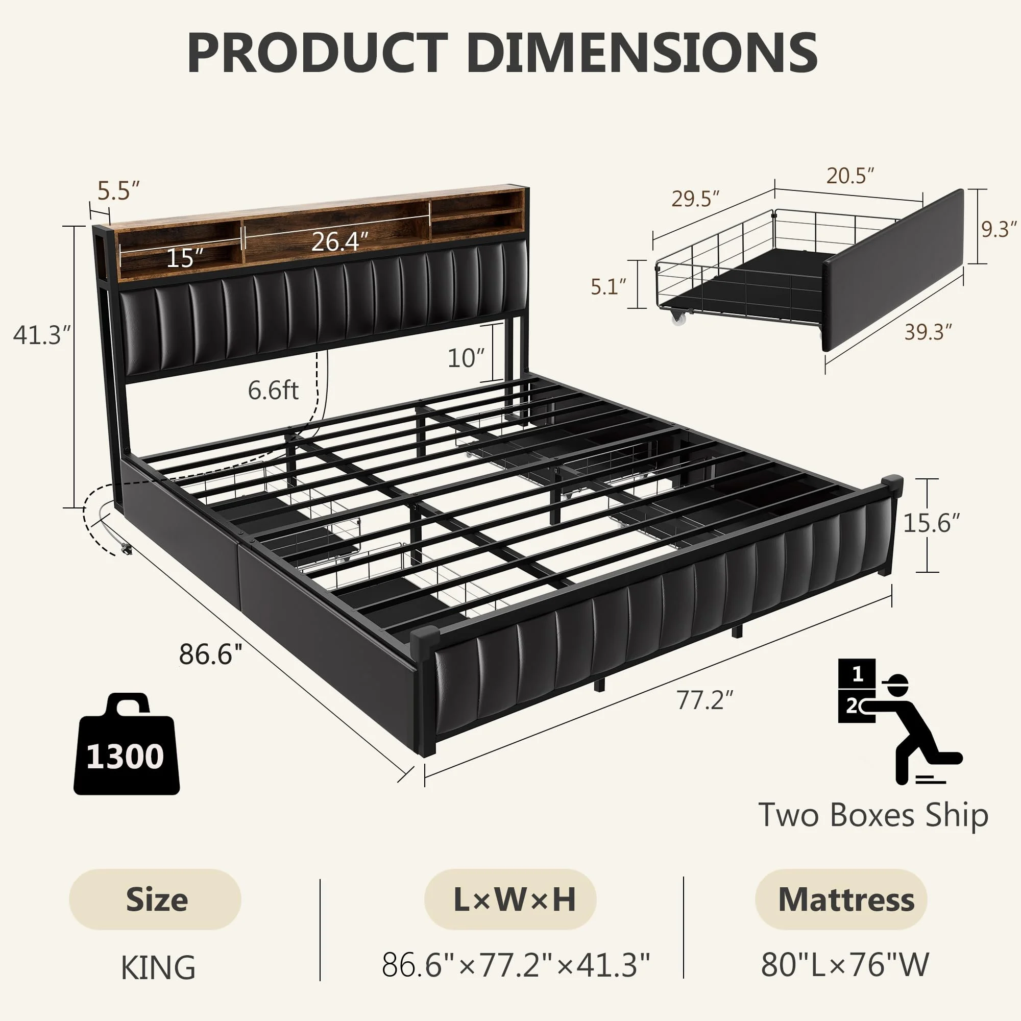 King Size Bed Frame with 4 Storage Drawers and Bookcase Headboard, LED Upholstered Platform Bed King Size with USB-C & USB Charging Station, Double-row Support Bar, No Box Spring Needed, Black