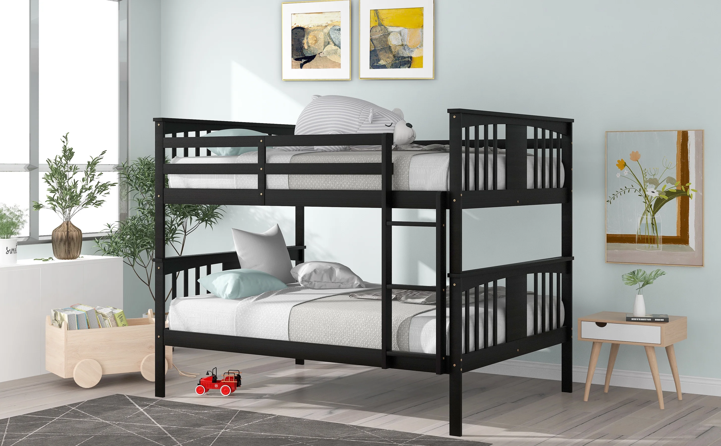 Full over Full Bunk Bed with Ladder for Bedroom, Guest Room Furniture-Espresso