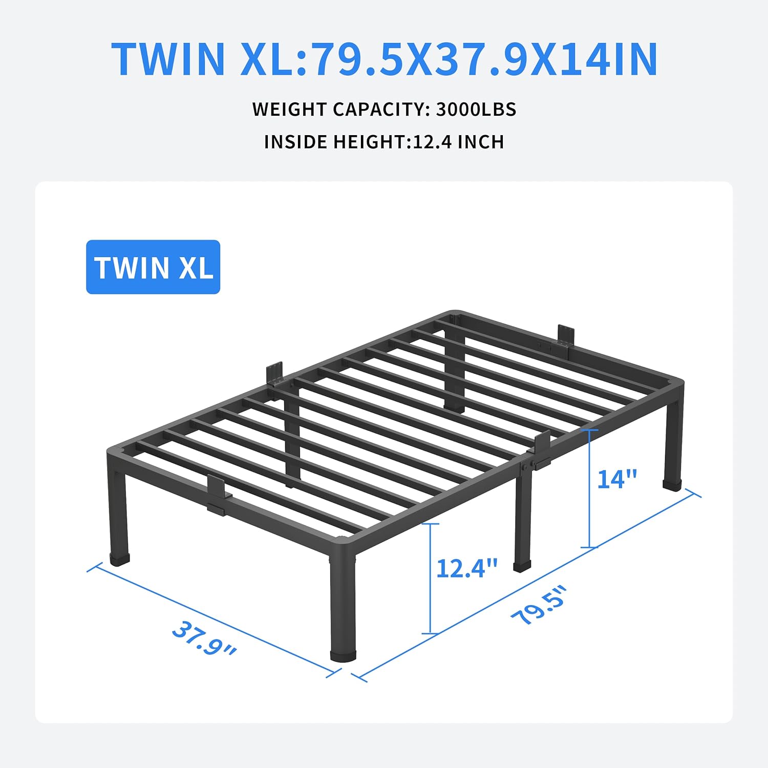 JIAH 14 Inch Twin XL Metal Platform Bed Frames with Round Corner Legs, 3000 LBS Heavy Duty Steel Slats Support, Noise Free, No Box Spring Needed, Easy Assembly
