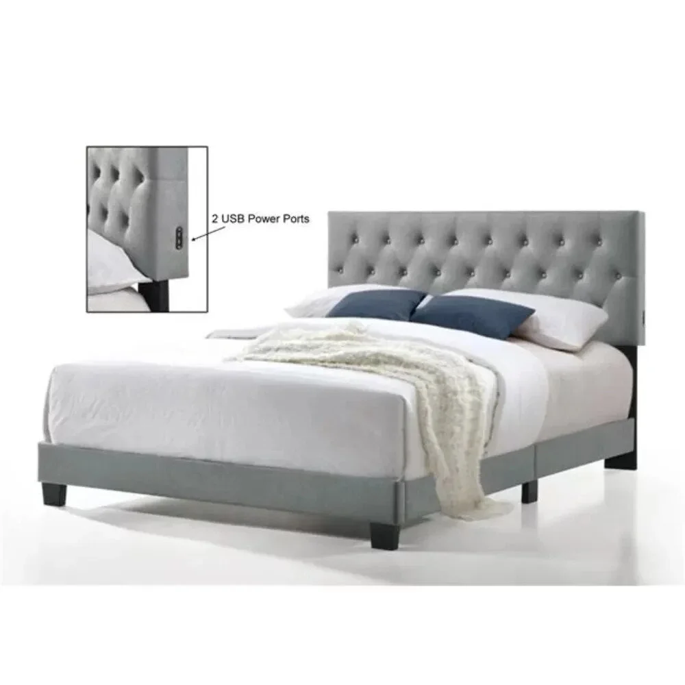 Royale Tufted Bed With USB Power Connection Twin Bed Frame Queen Double Beds & Furnitures Bedroom Beds & Furniture Headboards