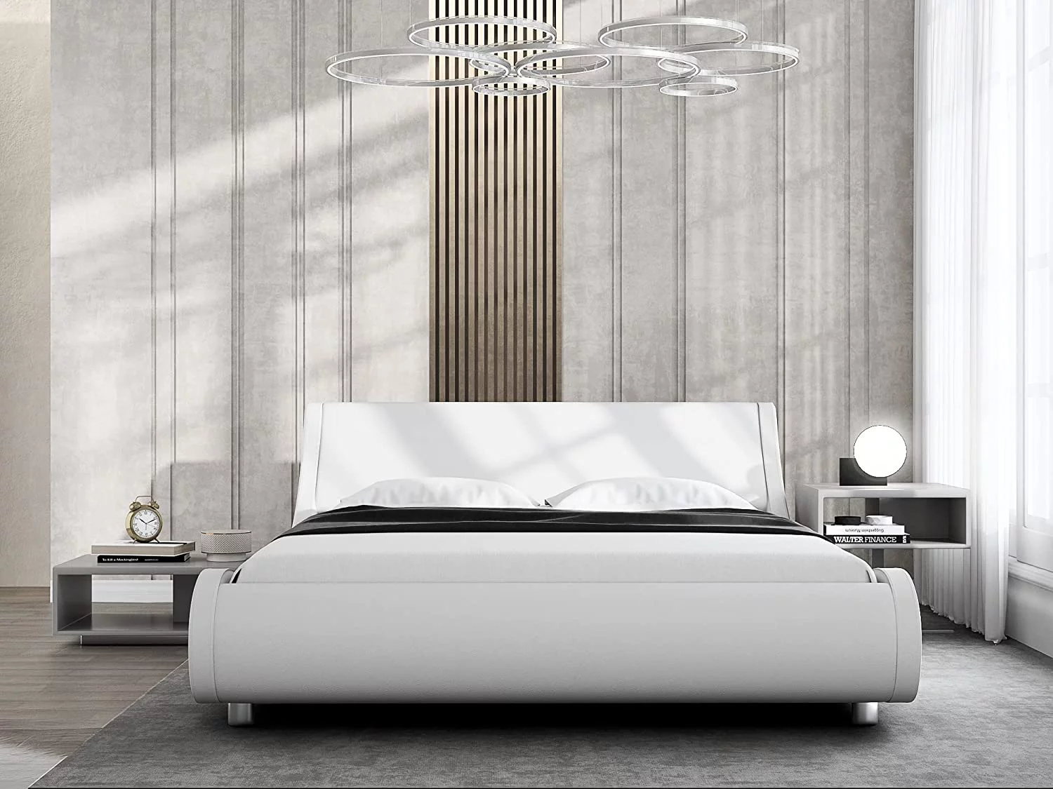 Allewie Low Profile Wave-like Full Size Platform Bed Frame with Leather Adjustable Headboard, White