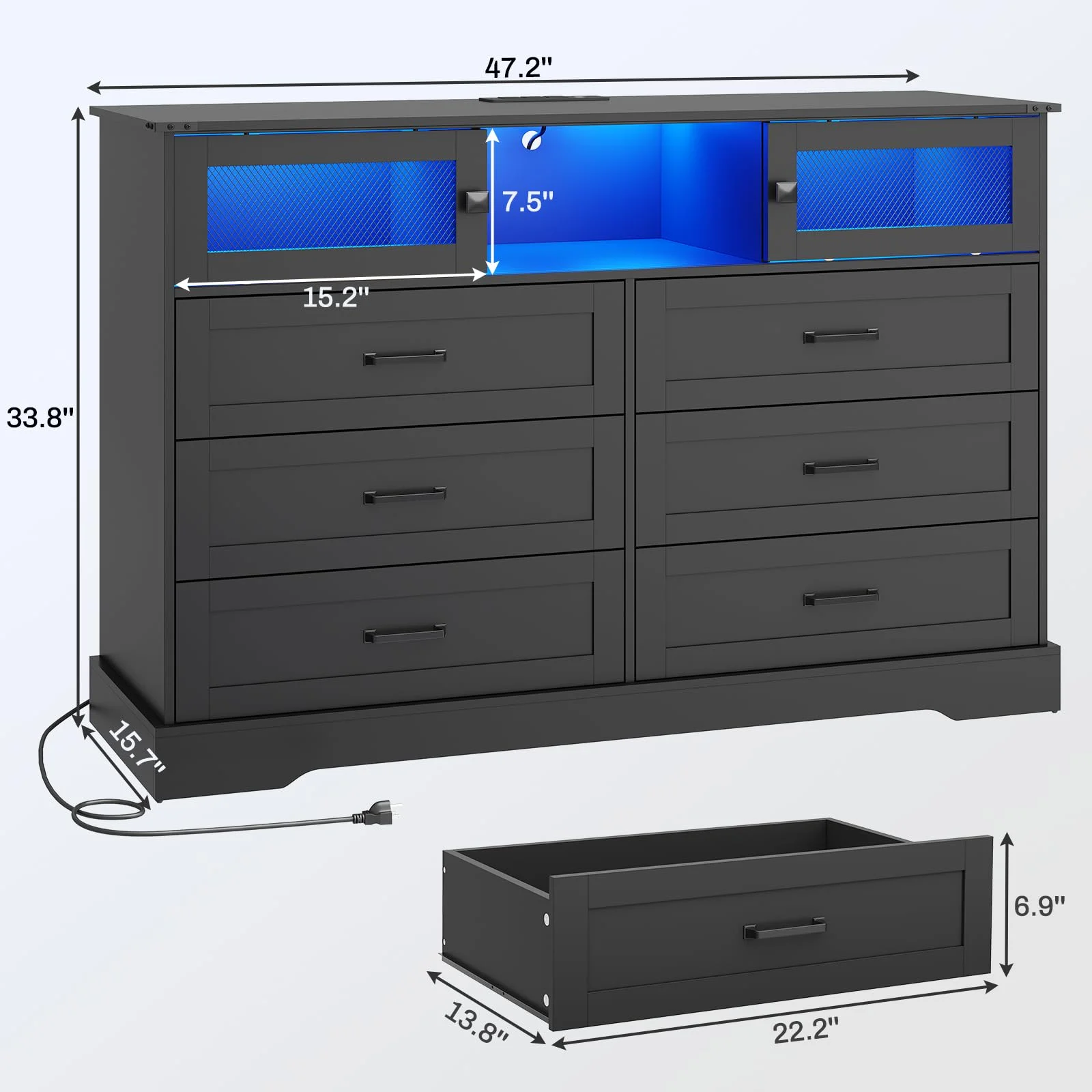 Weiplehoom 6 Drawers Dresser with LED Lights and Charging Station, Black
