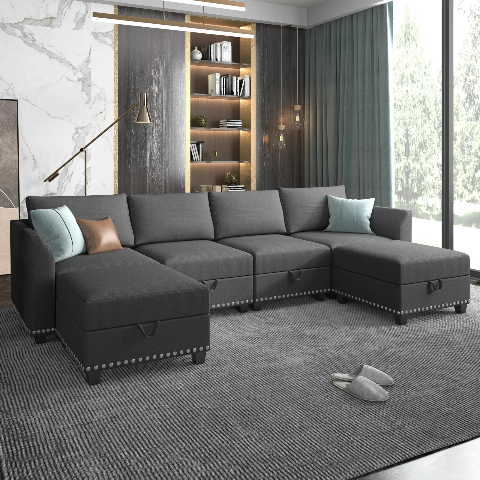 Mjkone U Shaped Sectional Sofa with Storage, 6 Seater Modular Sectional Sofa with Nailhead Trim, Oversized Sleeper Sofa Couch Bed, Convertible Couches for Living Room,Free Combination (Dark Grey）