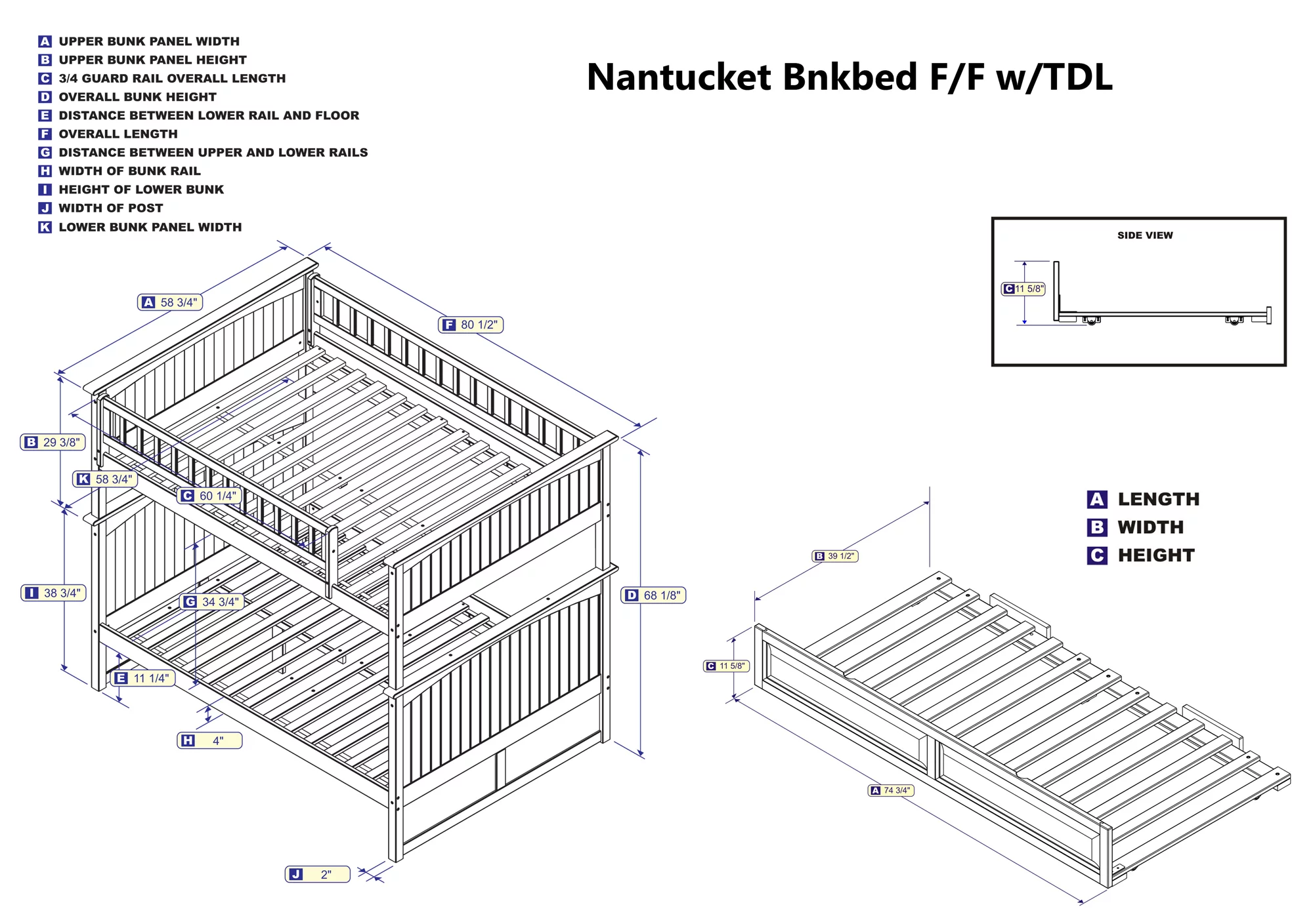 Nantucket Bunk Bed Full over Full with Twin Size Raised Panel Trundle Bed in Walnut