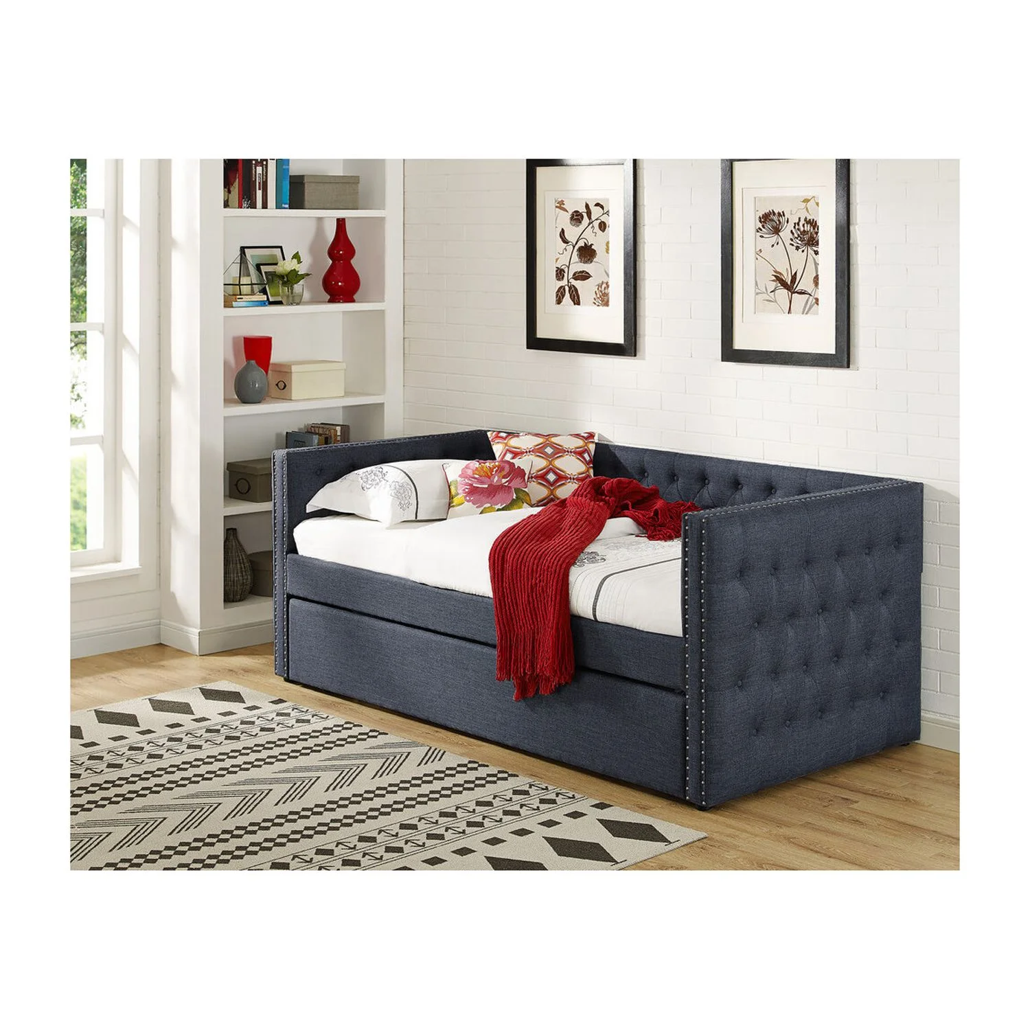 Best Master Tufted Fabric with Nailhead Twin Daybed and Trundle in Trina Gray