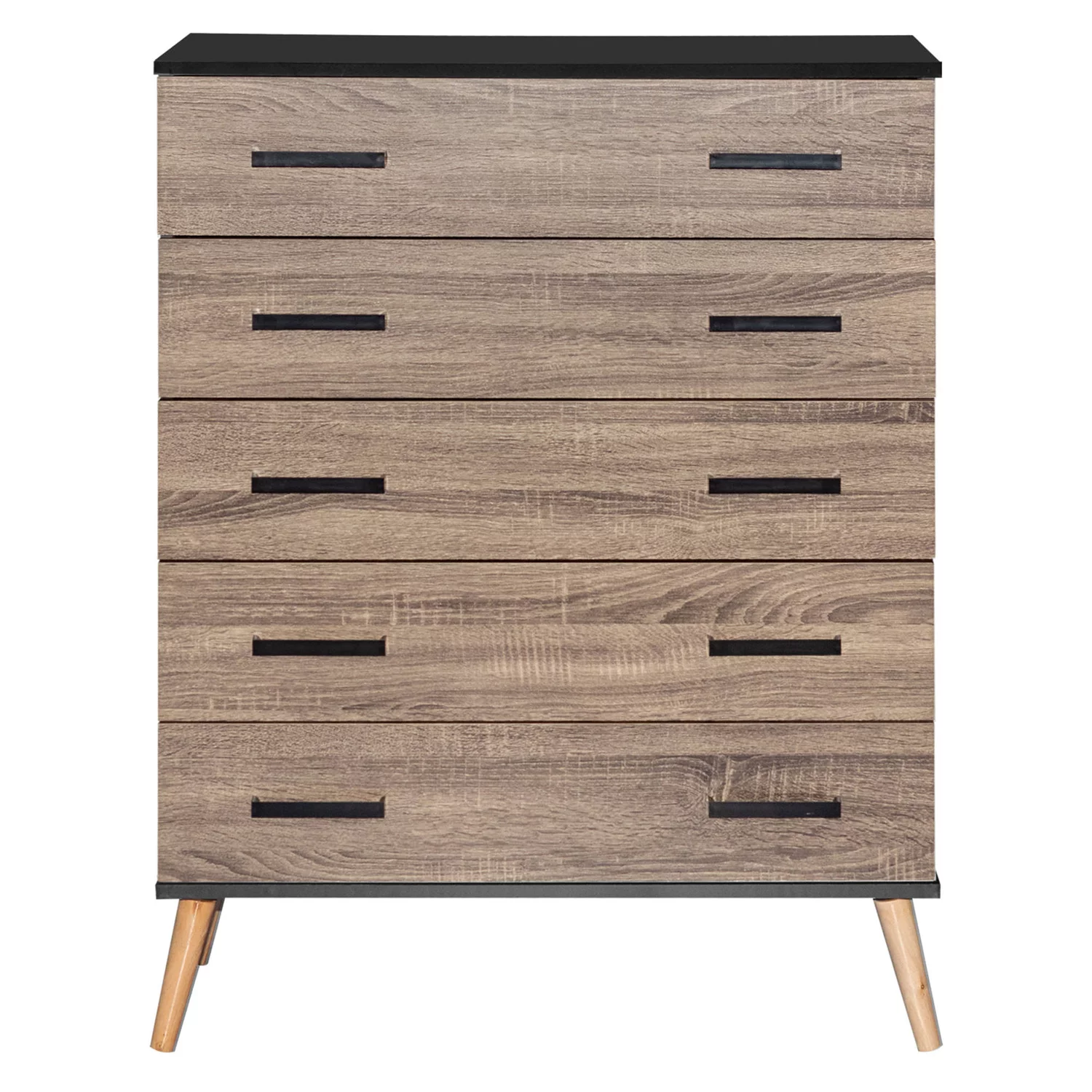 Better Home Products Chest Five Drawer with Pine Legs in Black and Sonoma Oak Finish.