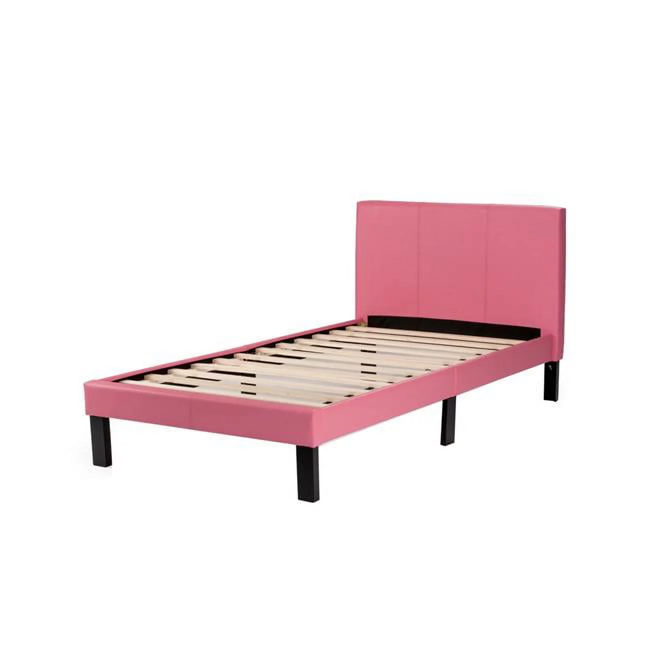 Upholstered Bed Frame with Slats in Pink Faux Leather - Twin Size