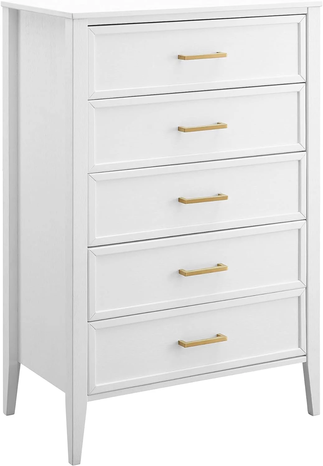 Solid Wood 5 Drawer Dresser-White Chest Of Drawers With Golden Handles,Contemporary -Century Solid Wood Tall Dressers For Bedroom,Organizer Units For Living Room