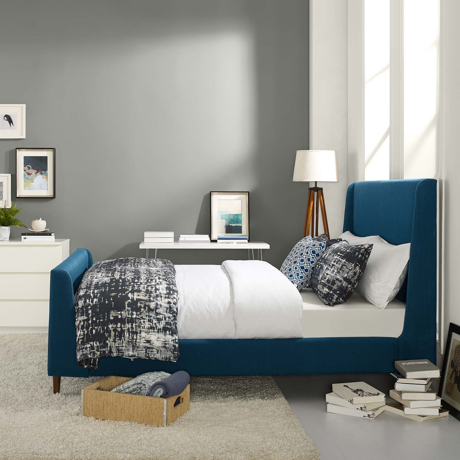 Modway Aubree Queen Upholstered Fabric Sleigh Platform Bed in Azure