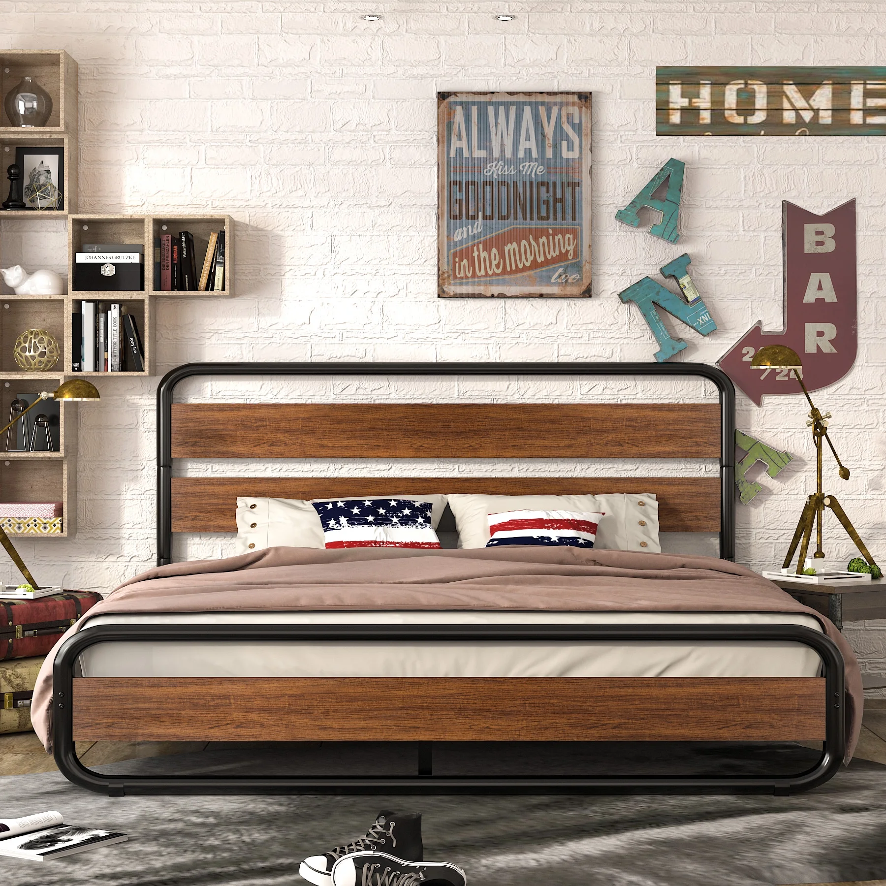 Allewie Walnut King Size Heavy Duty Platform Metal Bed Frame with Wooden Headboard & Footboard and Under-Bed Storage