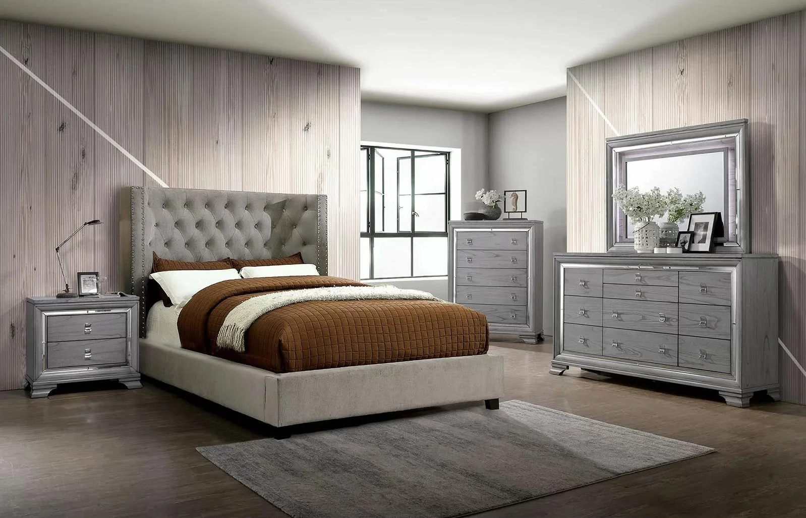 Transitional Gray Solid Wood Queen Bedroom Set 6pcs FOA CM7779GY Cayla