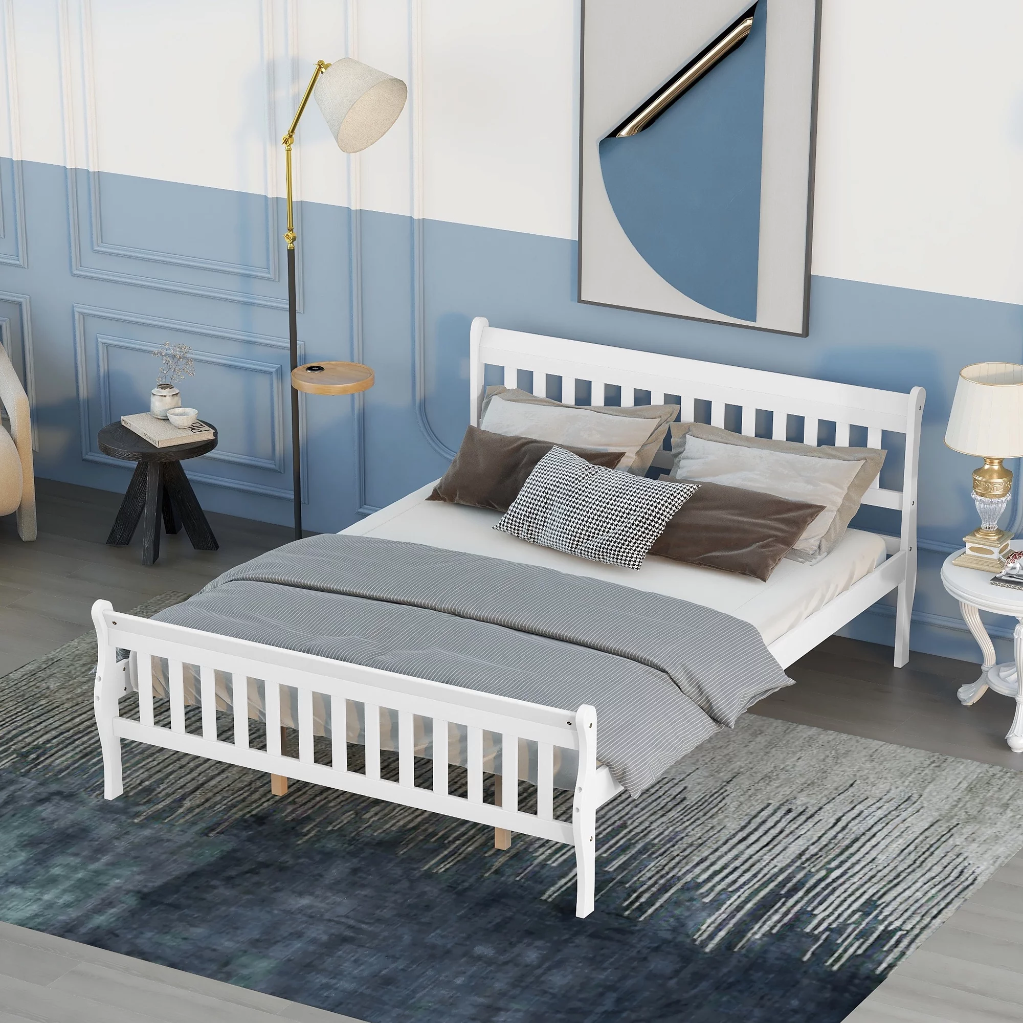 Queen Bed Frames, Wood Platform Bed with Headboard, Footboard and Slat Support for Boys, Girls, No Box Spring Needed, White