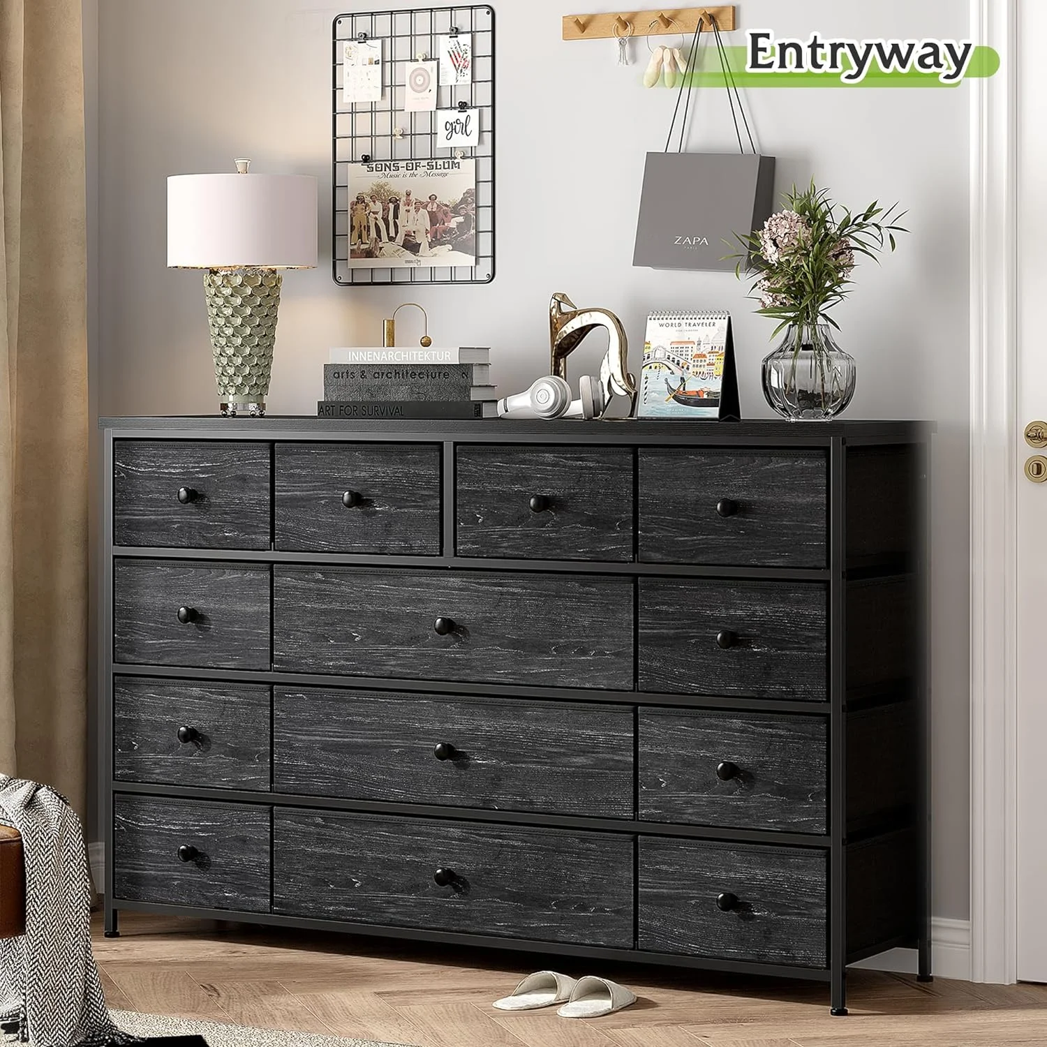 Dresser TV Stand with 13 Drawer, Black Dresser for Bedroom, Large Dressers & Chests of Drawers, Tall Dressers for Bedroom Closet Entryway, Fabric Dresser Organizer, Black Wood Veins