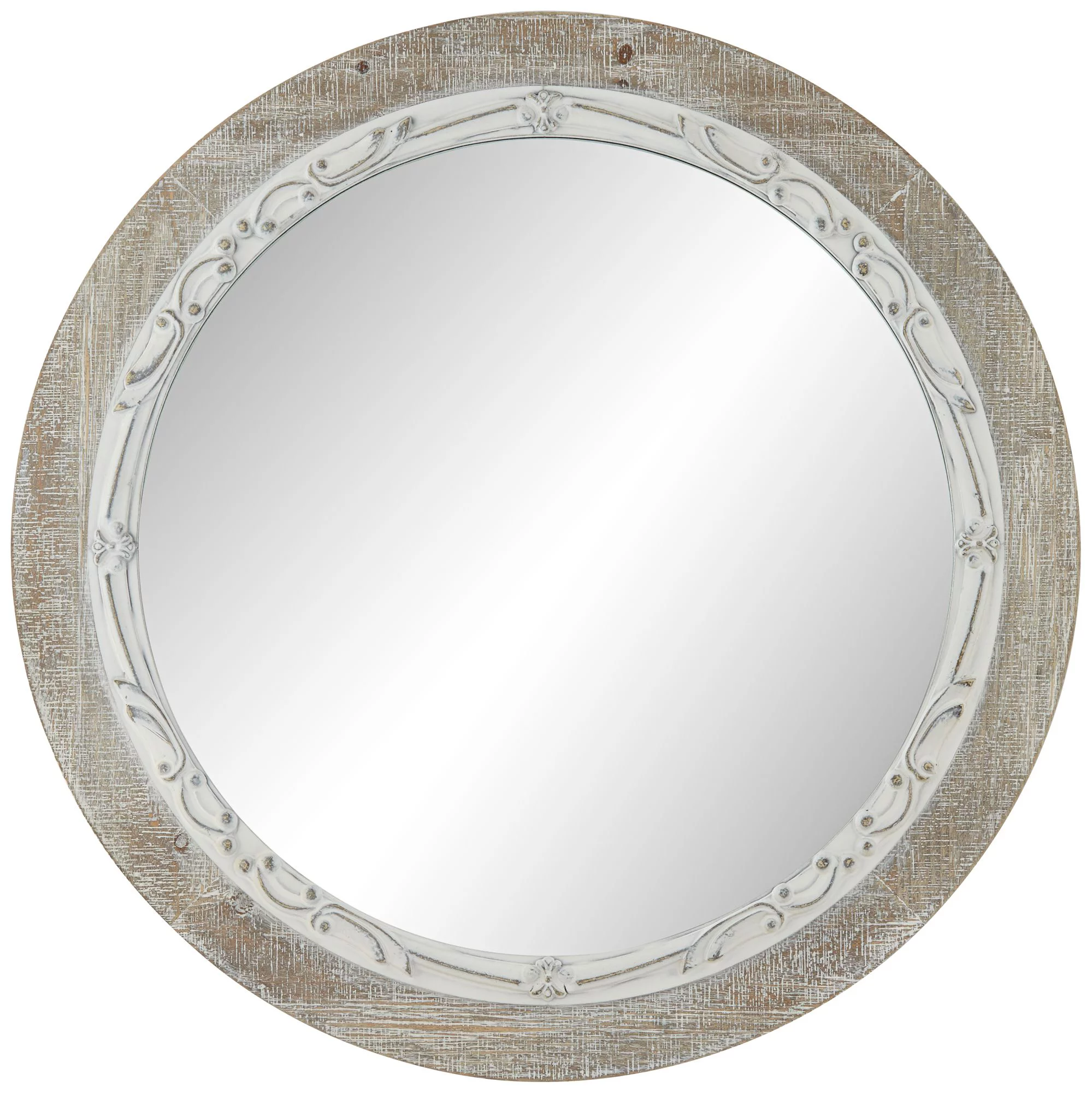 Noble Park Round Vanity Decorative Wall Mirror Vintage Rustic Farmhouse Matte Gray White Washed Wood Frame 32 3/4