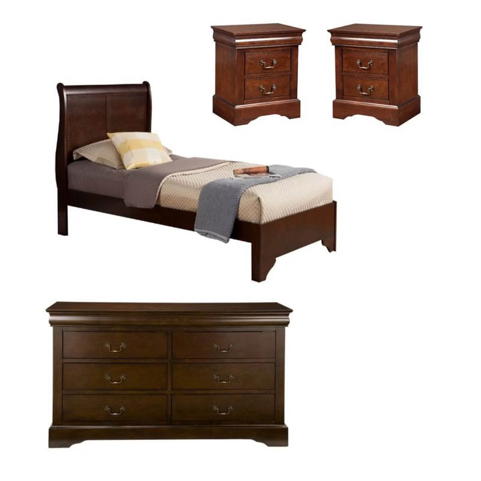 Home Square 4 Piece Set with 2 Nightstands Twin Wood Sleigh Bed & Dresser