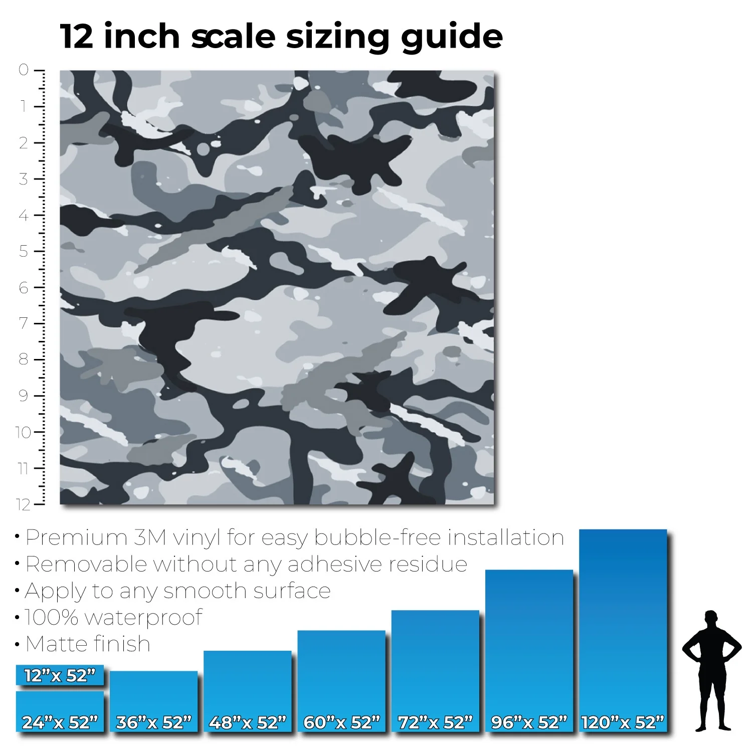 Gray Camouflage 72” x 52” Vinyl Wrap Sheet for large or custom items | 3M wrap DIY to custom gear of all types and sizes, including vehicles, boats, appliances, furniture, atv’s, golf carts, bikes