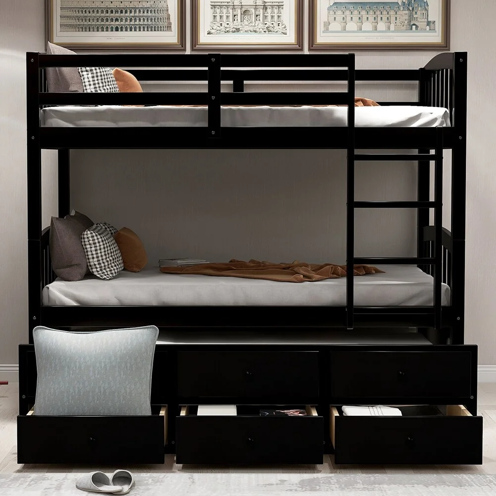 Twin Size Bunk Bed with 3 Drawers and Trundle
