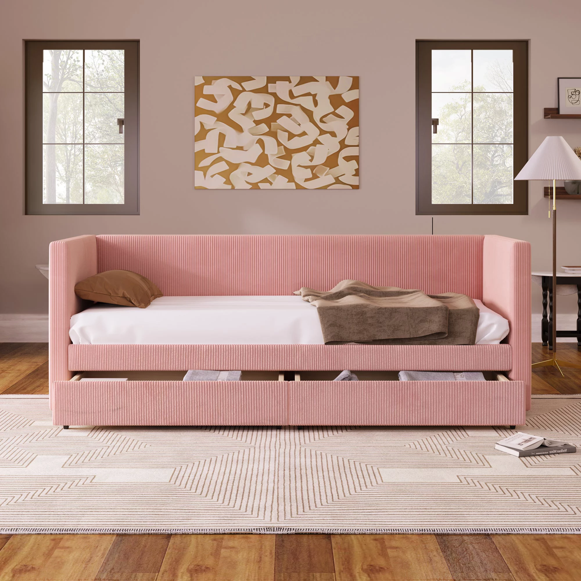 Keit Twin Size Corduroy Daybed with Drawers - Pink