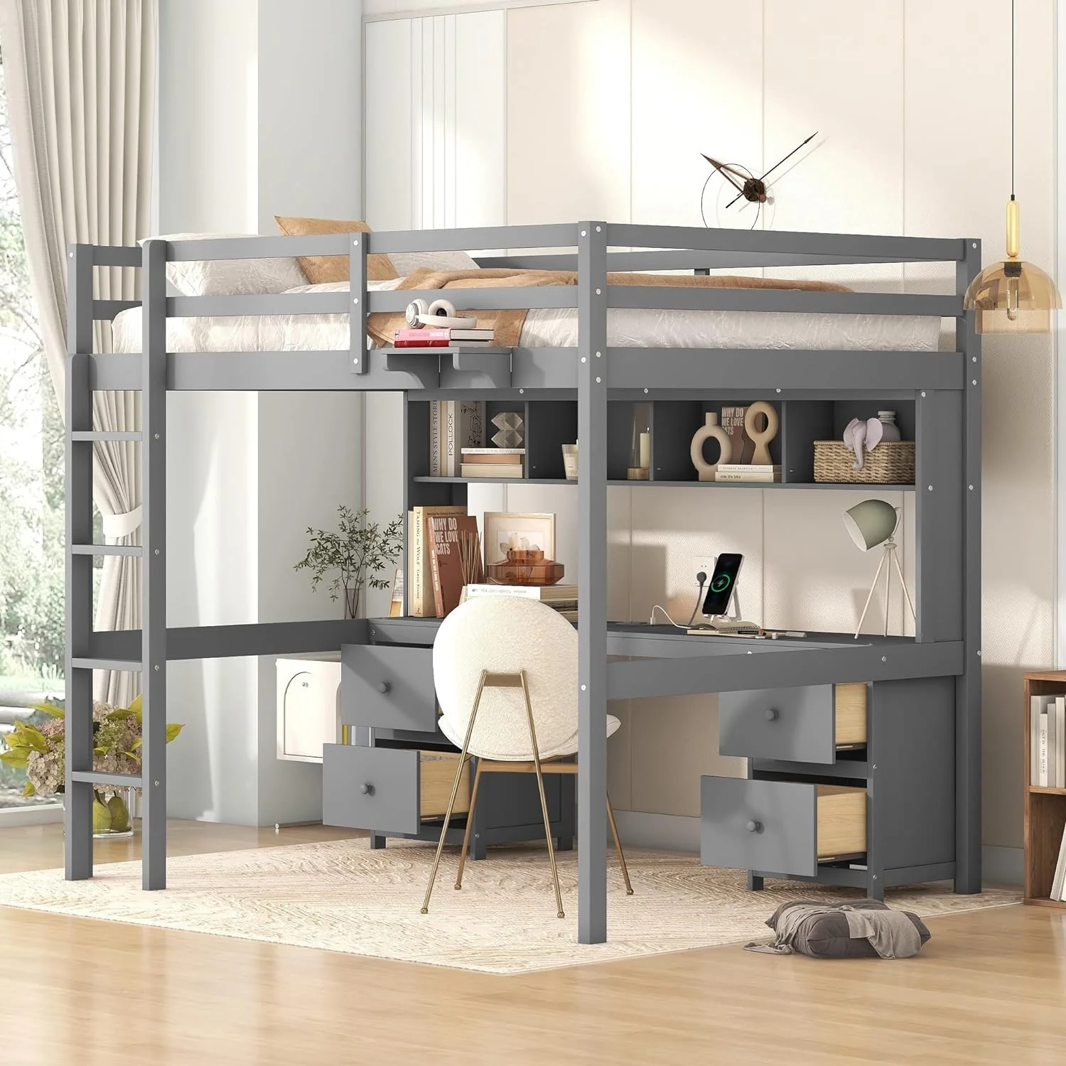 Full Loft Bed With Desk Ad Drawers, Wood Full Loft Bed With Bookcase Ad USB Chargig Statio, Solid Wood Loft Bed Frame With Ladder Ad Guardrails For Kids Tees Dorm, Gray