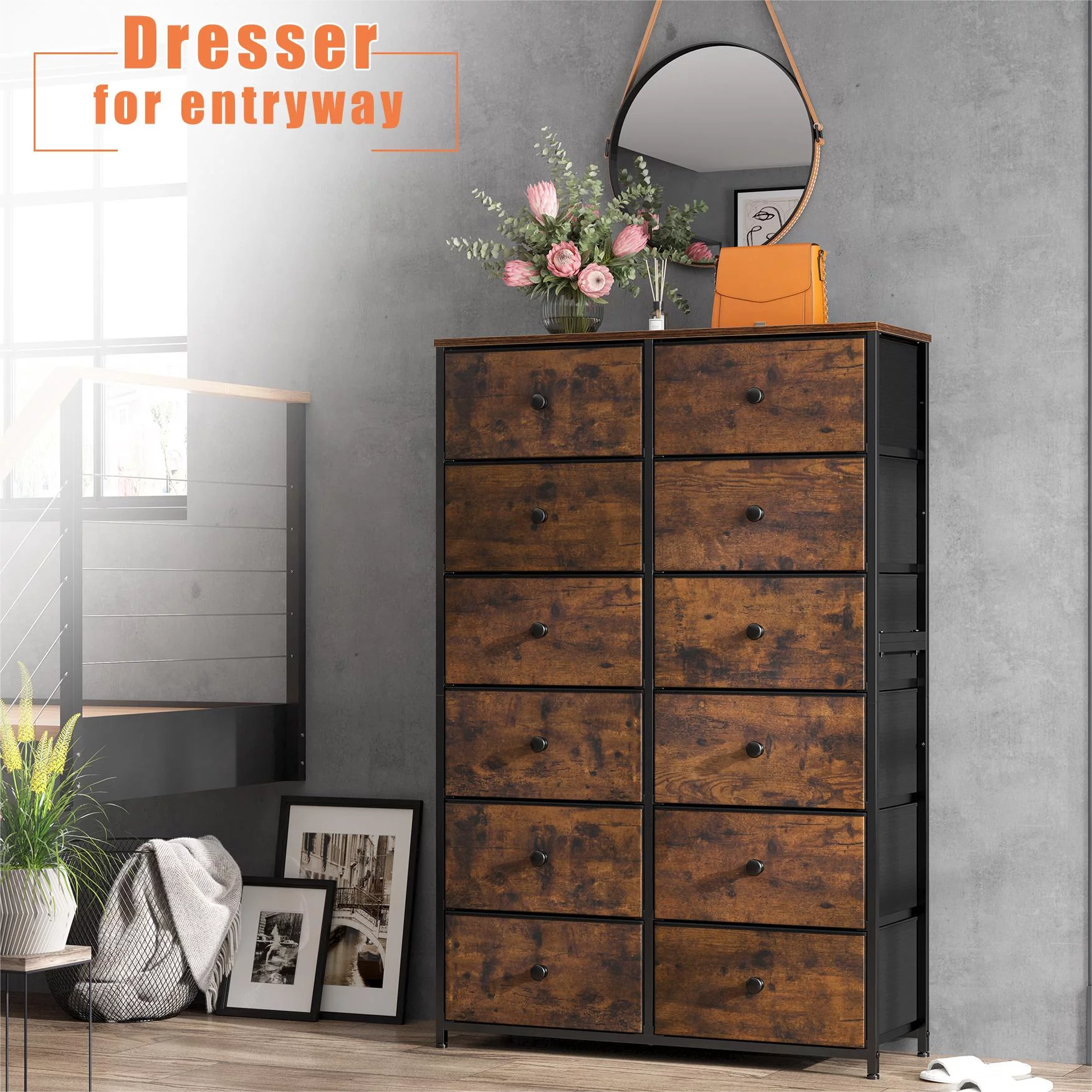 Set of 2 EnHomee Tall Dresser with 12 Drawers Fabric Dresser for Bedroom Storage Dressers & Chest of Drawers with Metal Frame for Closet Living Room Entryway, Rustic Brown