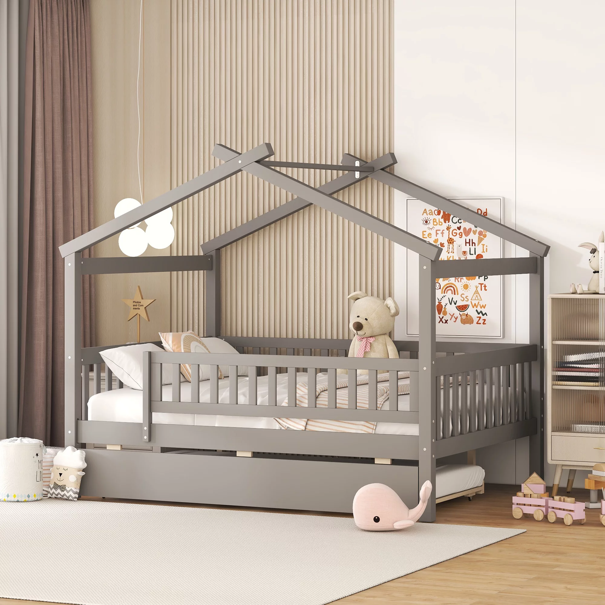 Bellemave Full Size House Bed with Trundle Playhouse Platform Bed Wooden House-shaped Bed Frame with Fence Guardrail and Roof Tent Beds for Kids, Boys, Girls, Teens (Gray, Full Size)