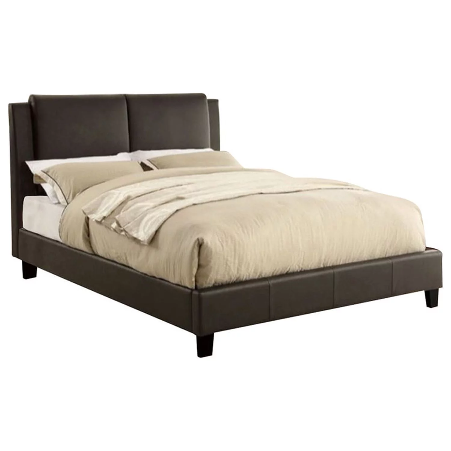 Elegant Wooden Queen Bed With Brown PU Head Board, Brown