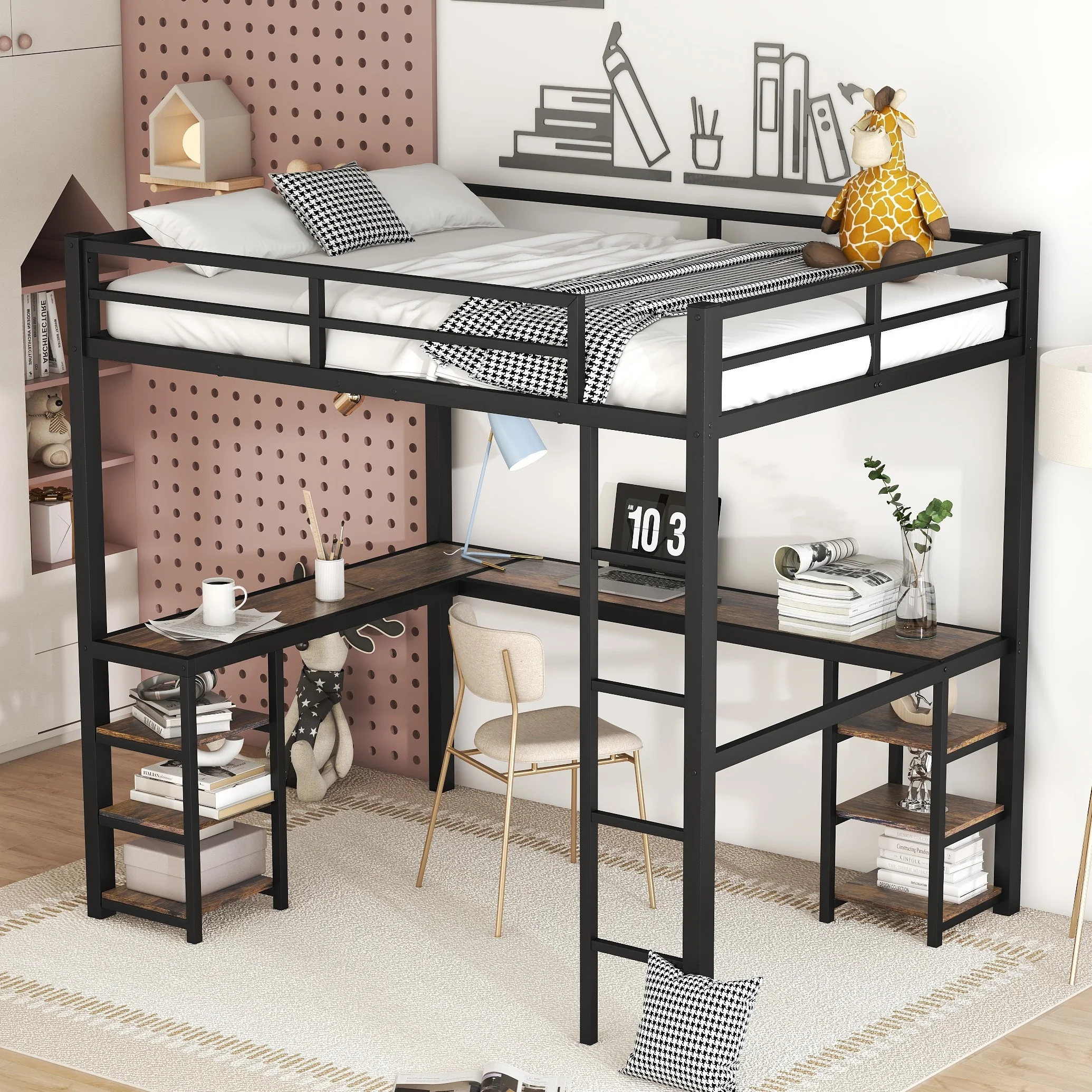 Bellemave Full Size Loft Bed with Desk and Shelves, Metal Heavy-Duty Steel Loft Bed Frame Built-in Ladder for Boy Girls Teens Kids Adults(Black)