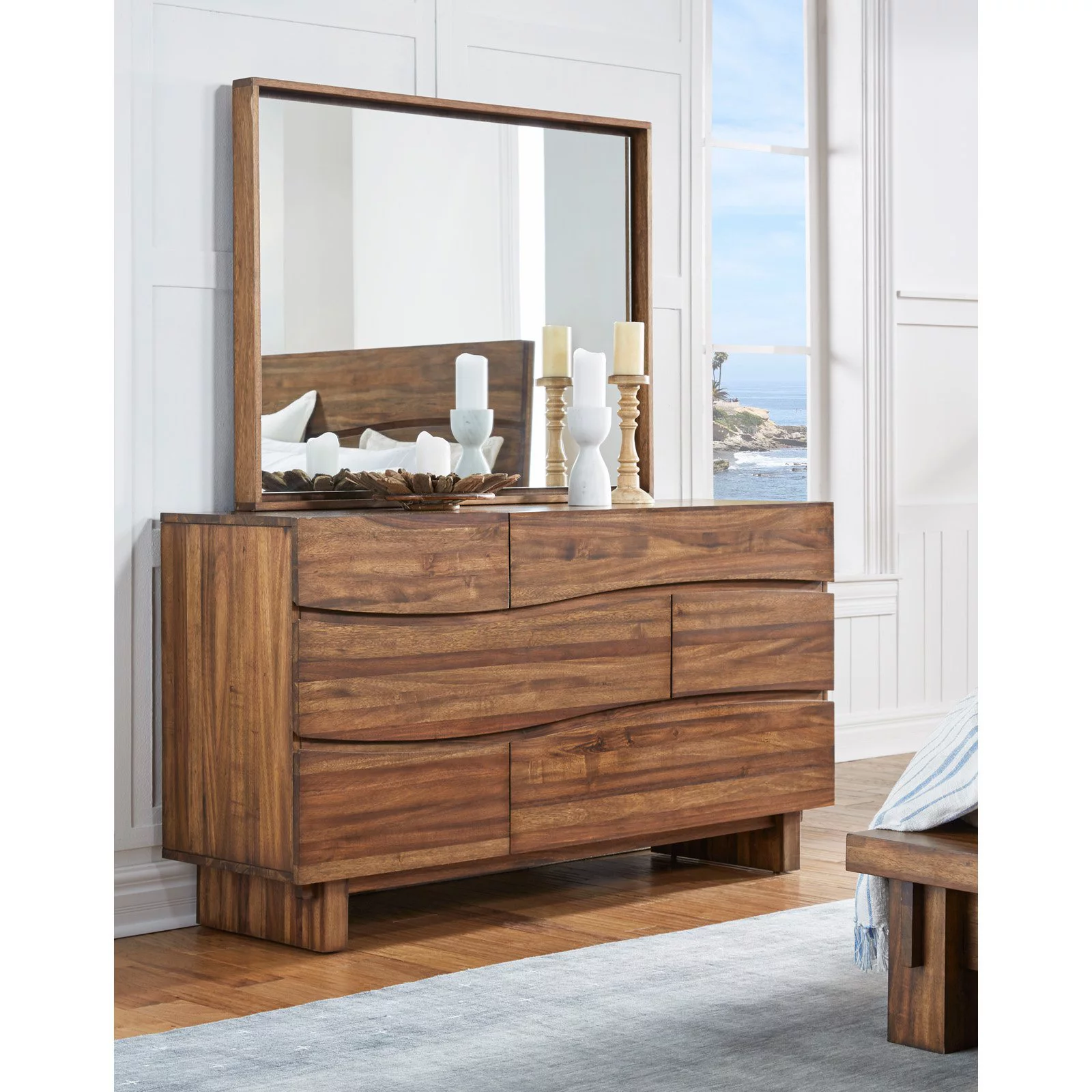 Modus Ocean Solid Wood Floating Glass Mirror in Natural Sengon