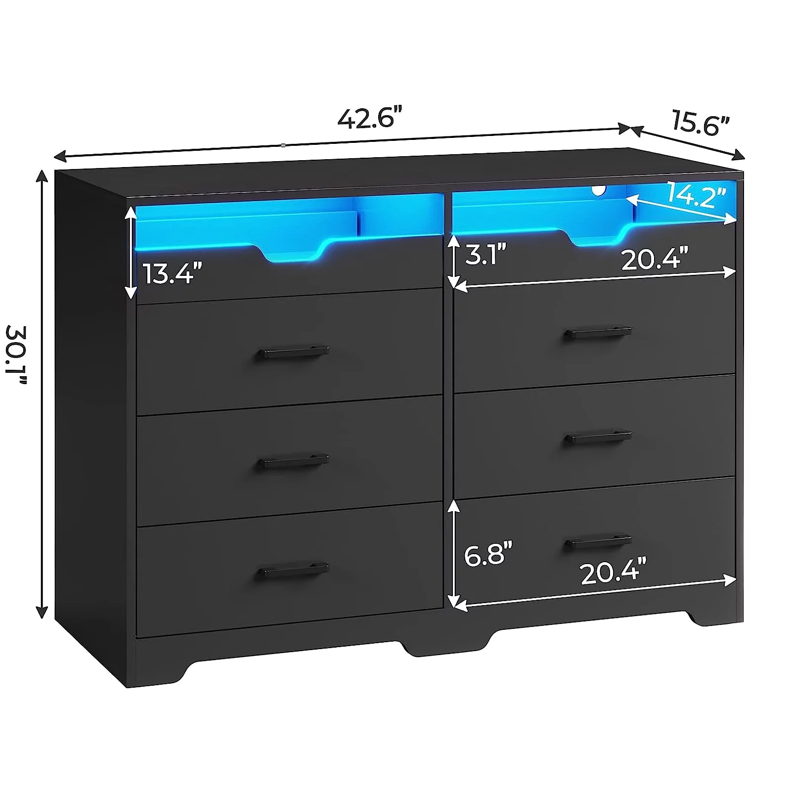 Black Dresser with LED Lights&6 Drawers&Pull-Out Tray for Bedroom, Modern Chest of Drawers Storage Cabinets for Living Room
