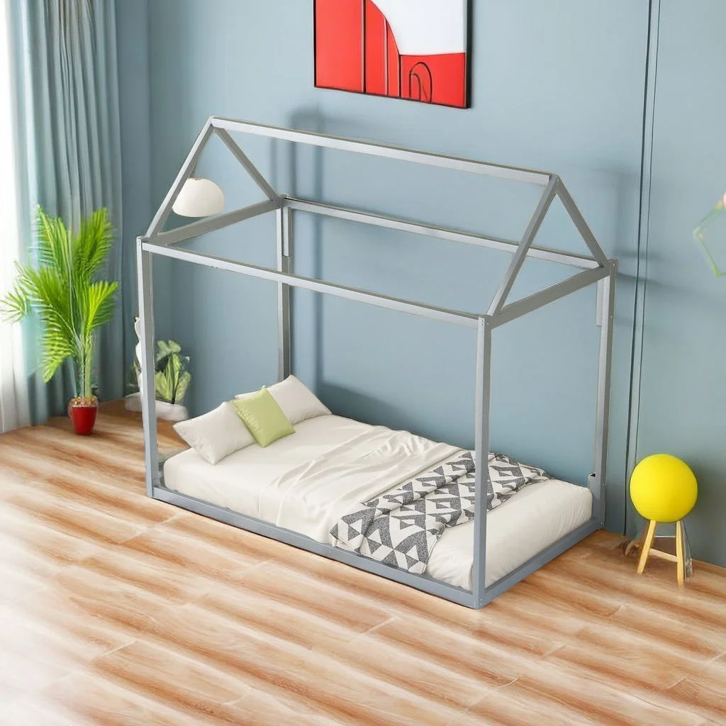 Metal Twin Size House Floor Bed Frame with Roof House Shaped Platform Bed for Boys Girls, Sturdy Metal Support Perfect for Dorm,Guest Room,No Box Spring Need