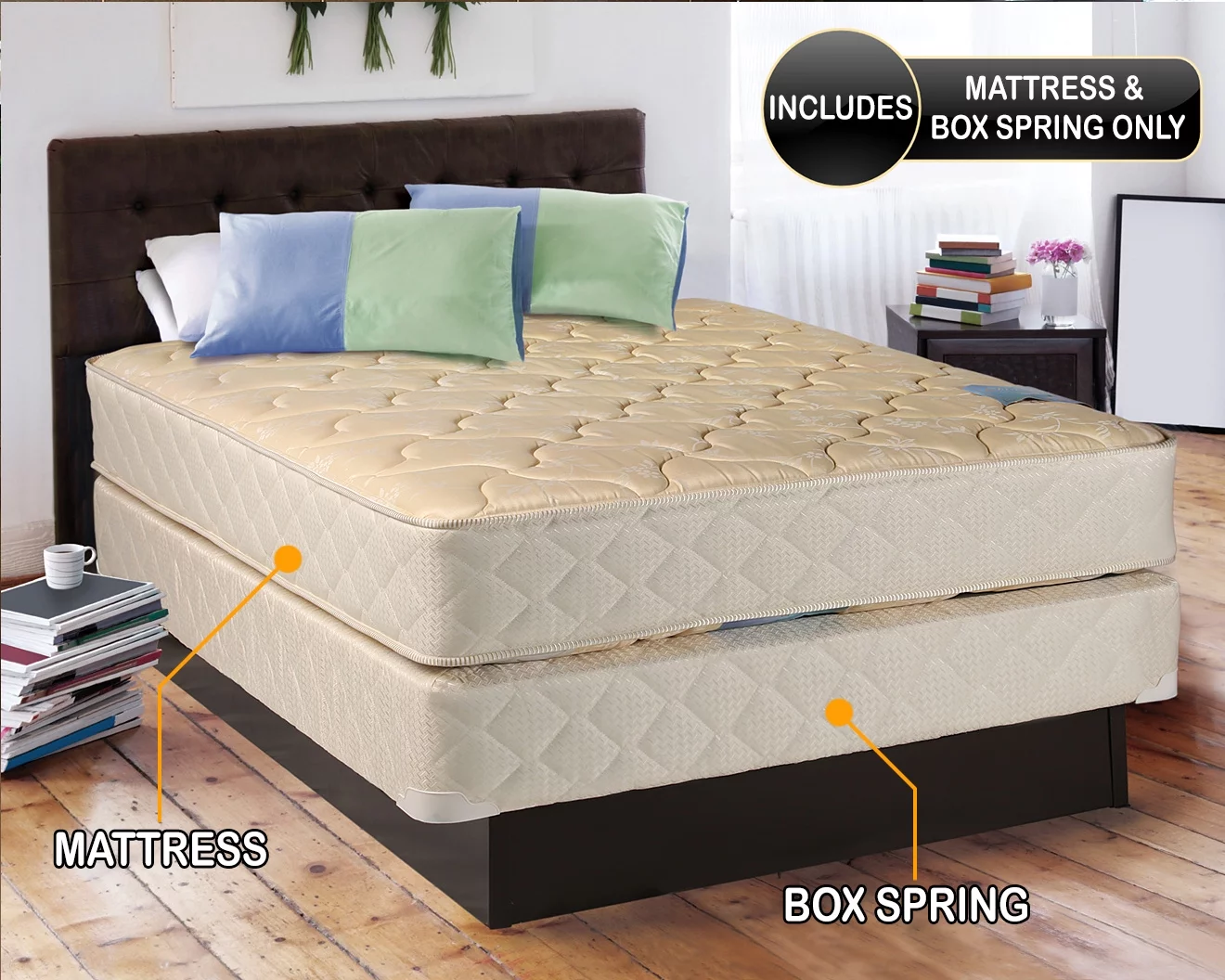 DS USA Chiro Premier 2-Sided Gentle Firm (Beige) Full Mattress Set with Metal Bed Frame - High Quality Foam, Orthopedic, Long Lasting Comfort