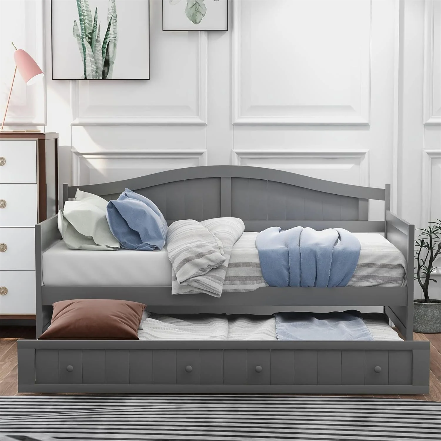 Daybed With Trundle Wood Day Bed Frame For Living Room Bedroom Dual-Use Sofa Beds For Kids Guests Sleepovers, Size, Gray