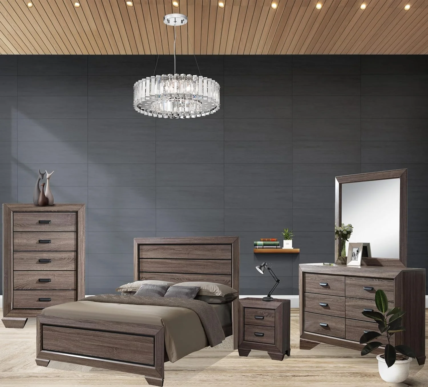 Kings Brand Furniture - 5-Piece Black/Brown Modern Queen Size Bedroom Furniture Set, Bed, Dresser, Mirror, Chest & Night Stand