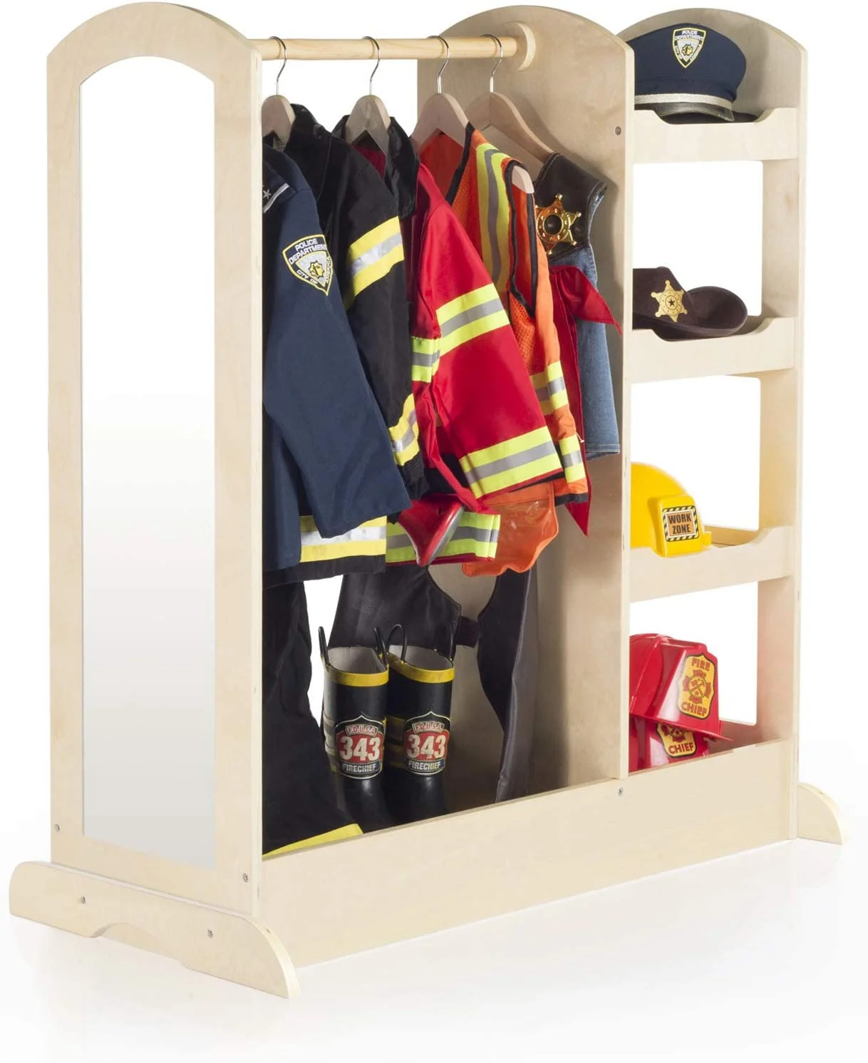 See and Store Dress-up Center – Natural: Armoire for Kids with Mirror & Shelves, Clothes Rack and Shoe Storage Dresser with Bottom Tray - Toddlers Room Furniture