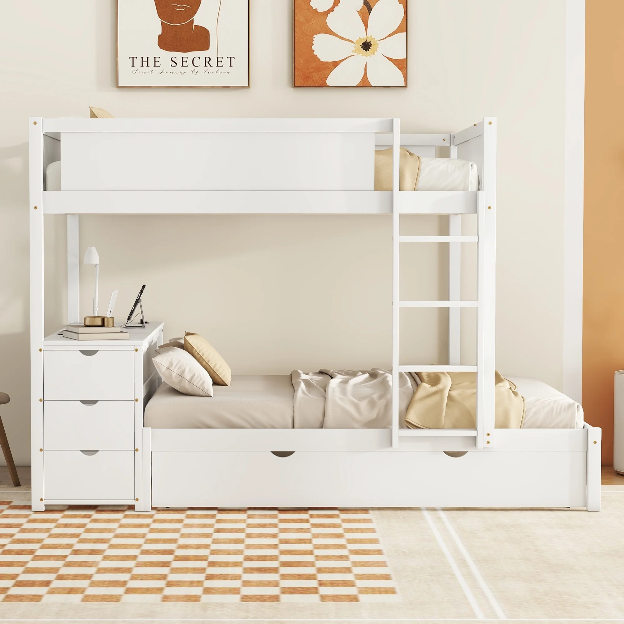 CoSoTower Full-Over-Full Bunk Bed with Twin Size Trundle, Storage and Desk, White