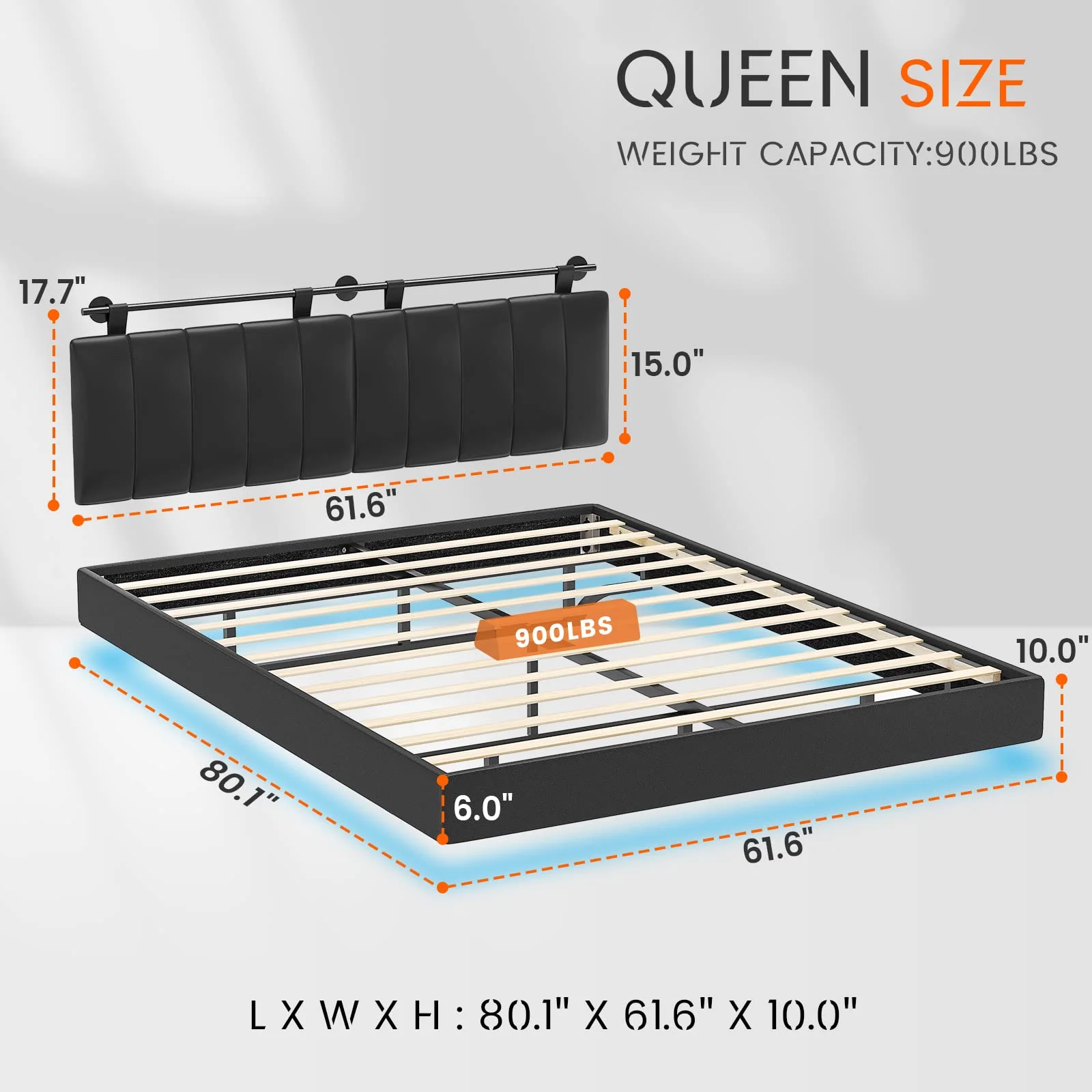 Black Floating Bed Frame Queen Size Faux Leather Upholstered Platform Bed with RGB LED Lights&Wall Mounted Headboard for Bedroom,Noise Free
