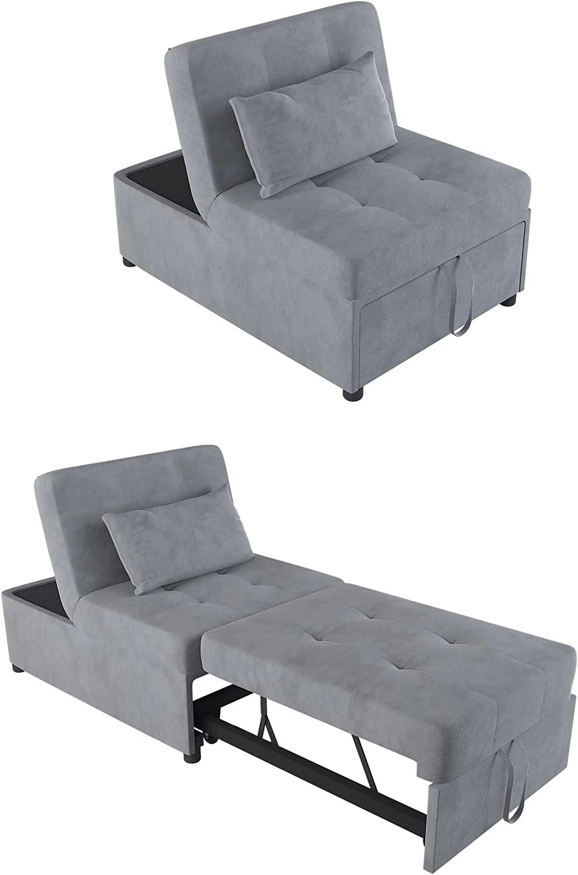 Deck Chair, Sofa Bed Convertible Chair 4 In 1 Multi-Function S Ottoman Modern Breathable Linen Guest Bed With Adjustable Sleeper For Small Room Apartment, Grey (4In1Ty720)