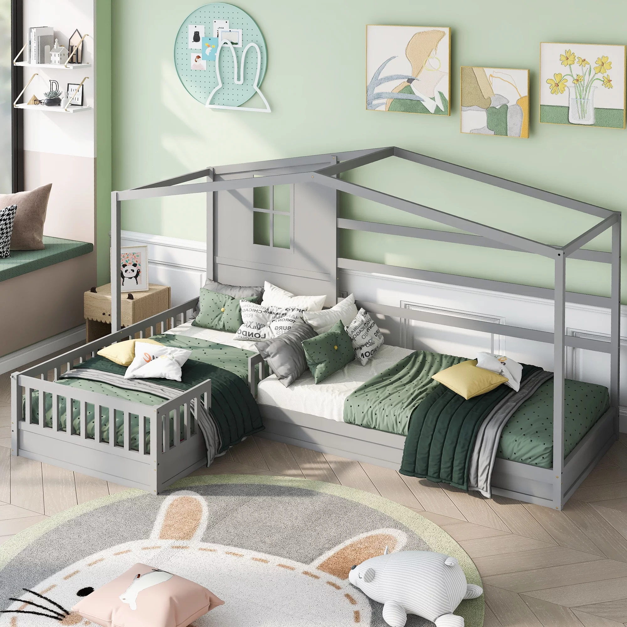 Twin Size House Beds, Solid Bed L structure Bed Frame for 2 Kids, Tent Bed for Boys Girls Teens Bedroom