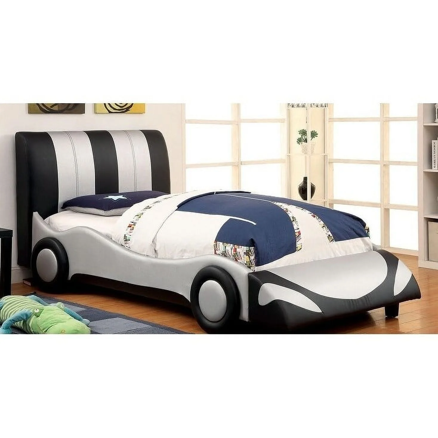Leatherette Full Size Bed with Race Car Design ,Silver and Black