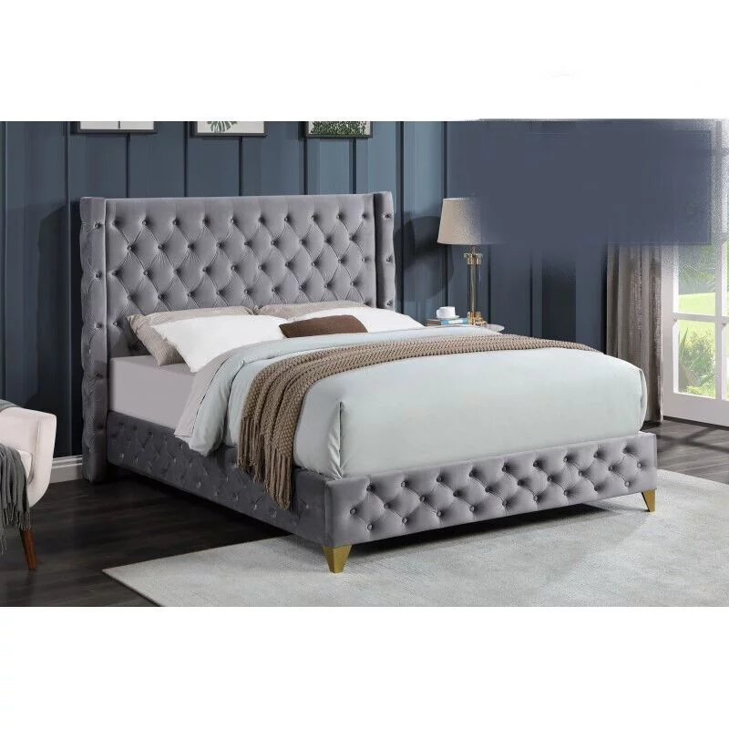 Contemporary King Platform Bed 1pc Gray Velvet Upholstered Fully Button Tufted Modern Bedroom Furniture