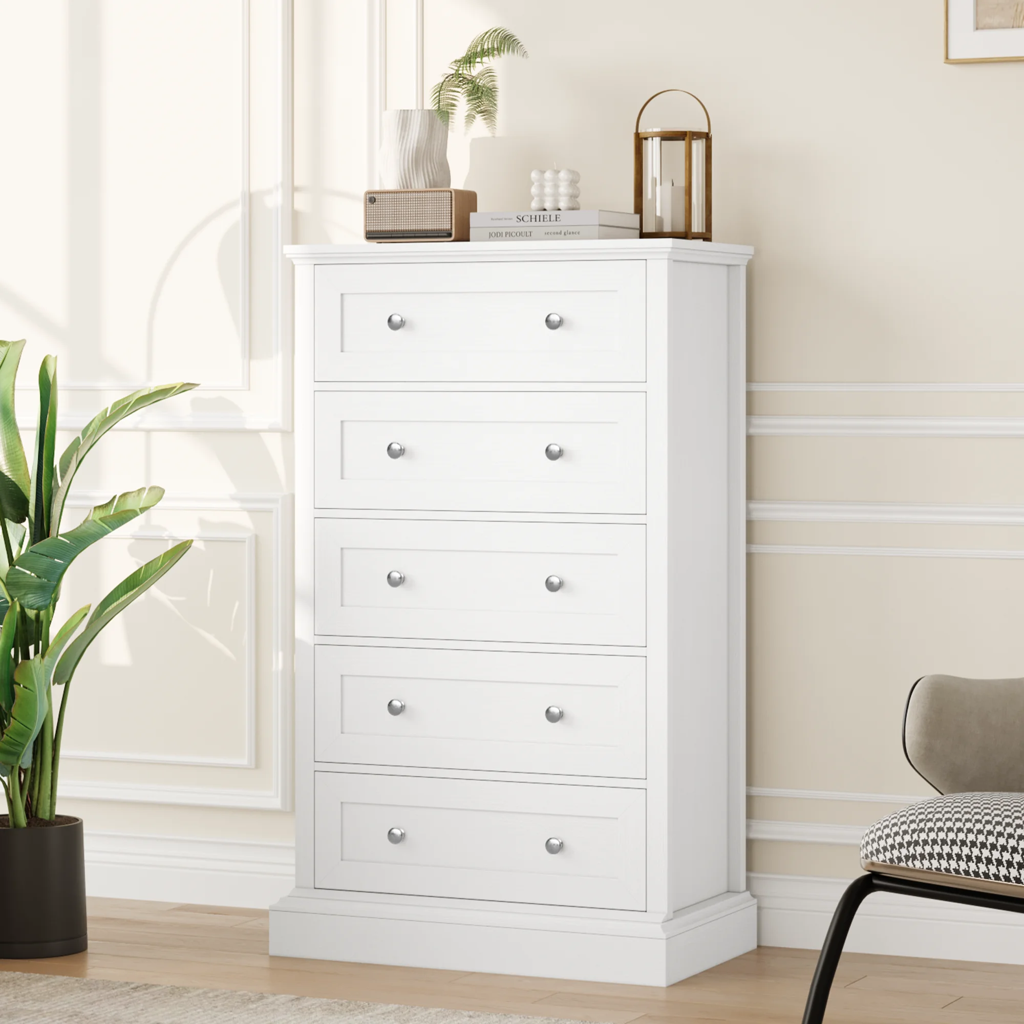 Homfa White Dresser with 5 Drawers, Vertical Storage Cabinet Chest of Drawers for Bedroom Living Room