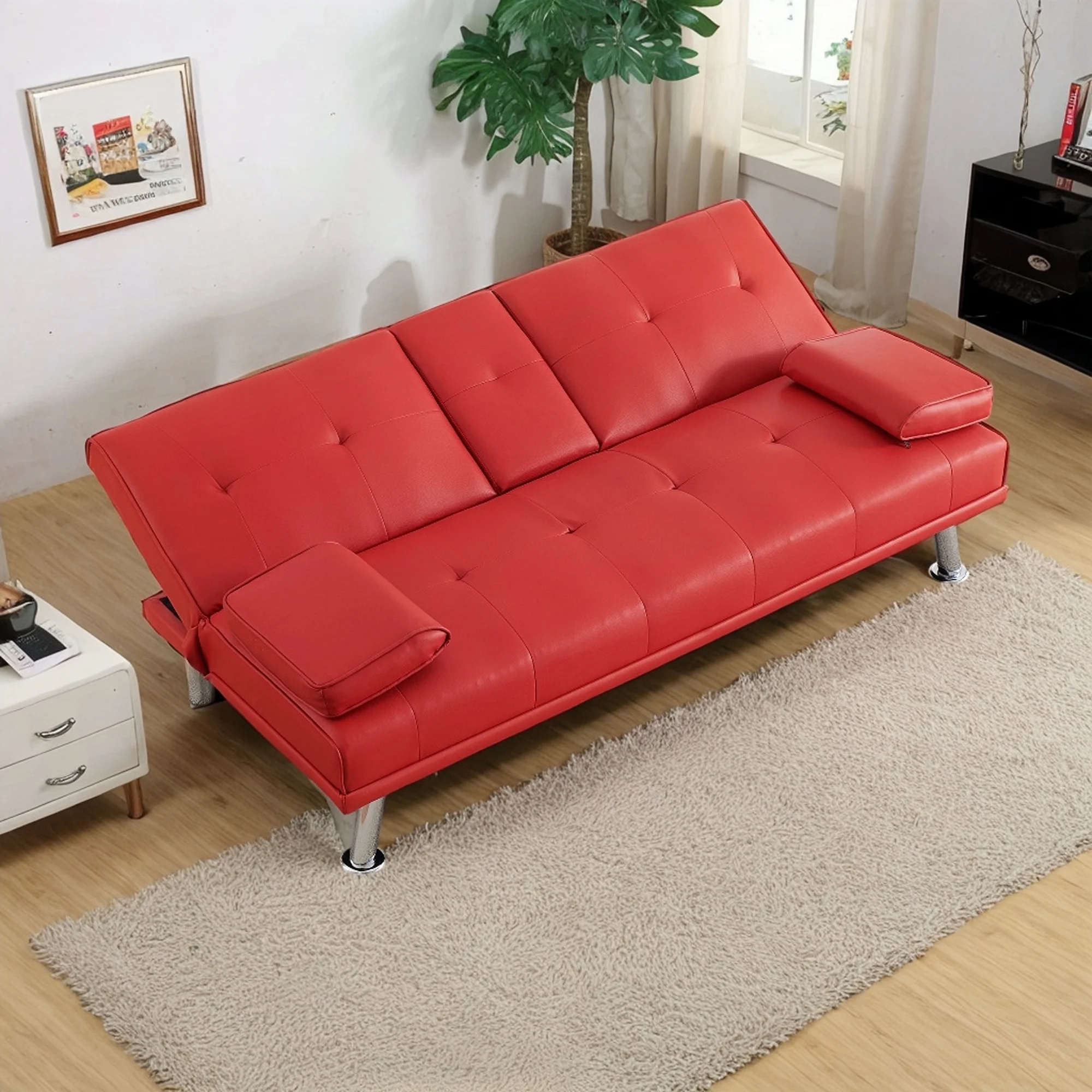 67-Inch PU Multifunctional Double Folding Sofa Bed with Coffee Table Premium Leather, Sturdy Construction, and Easy Assembly (Red)