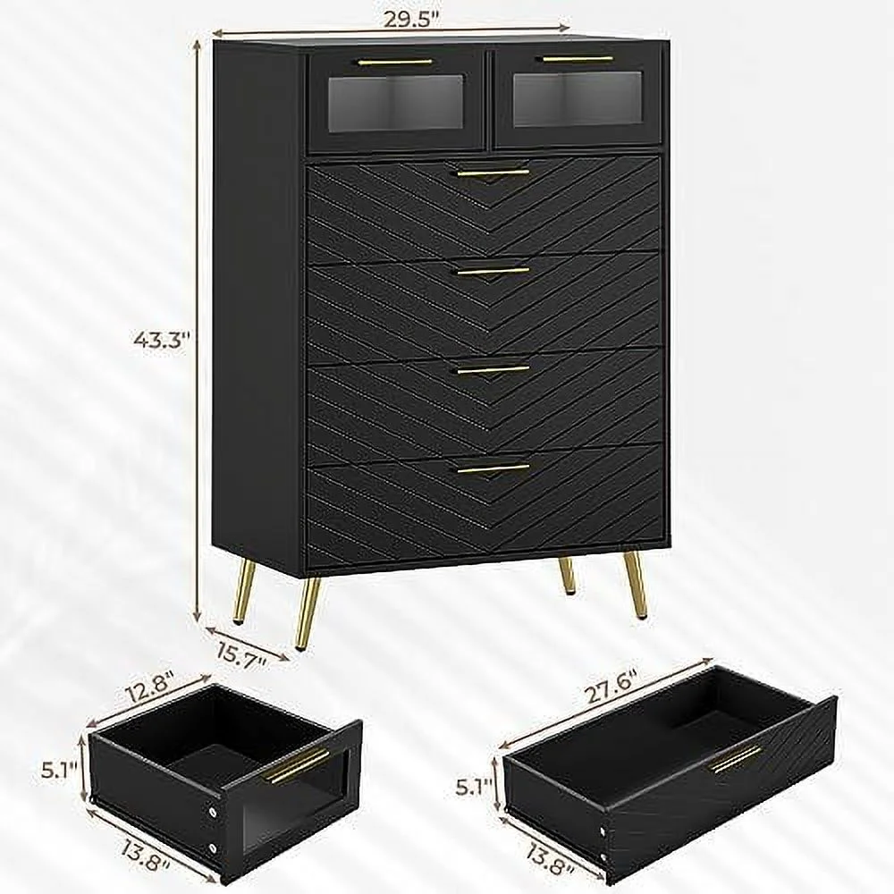 HBBOOMLIFE Dresser for Bedroom with LED Lights  Black Dresser with 6 Drawers  Modern Chest of Drawers with Metal Handles  Wood Large Capacity  Cabinet Closet Dresser for Bedroom Entryway