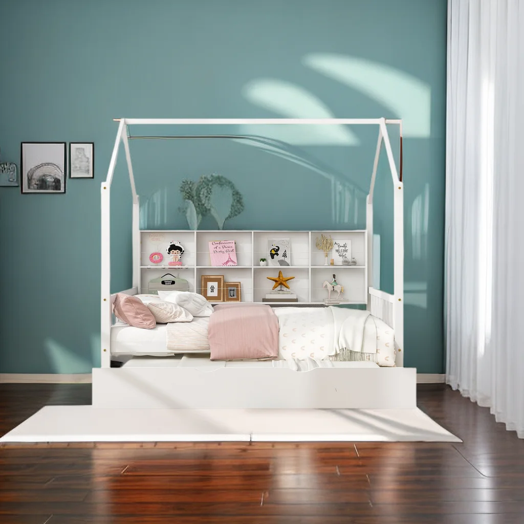 Full Size Wooden House Bed,Solid Wood Full Bed Frames with Trundle and Shelf,Kids House Bed