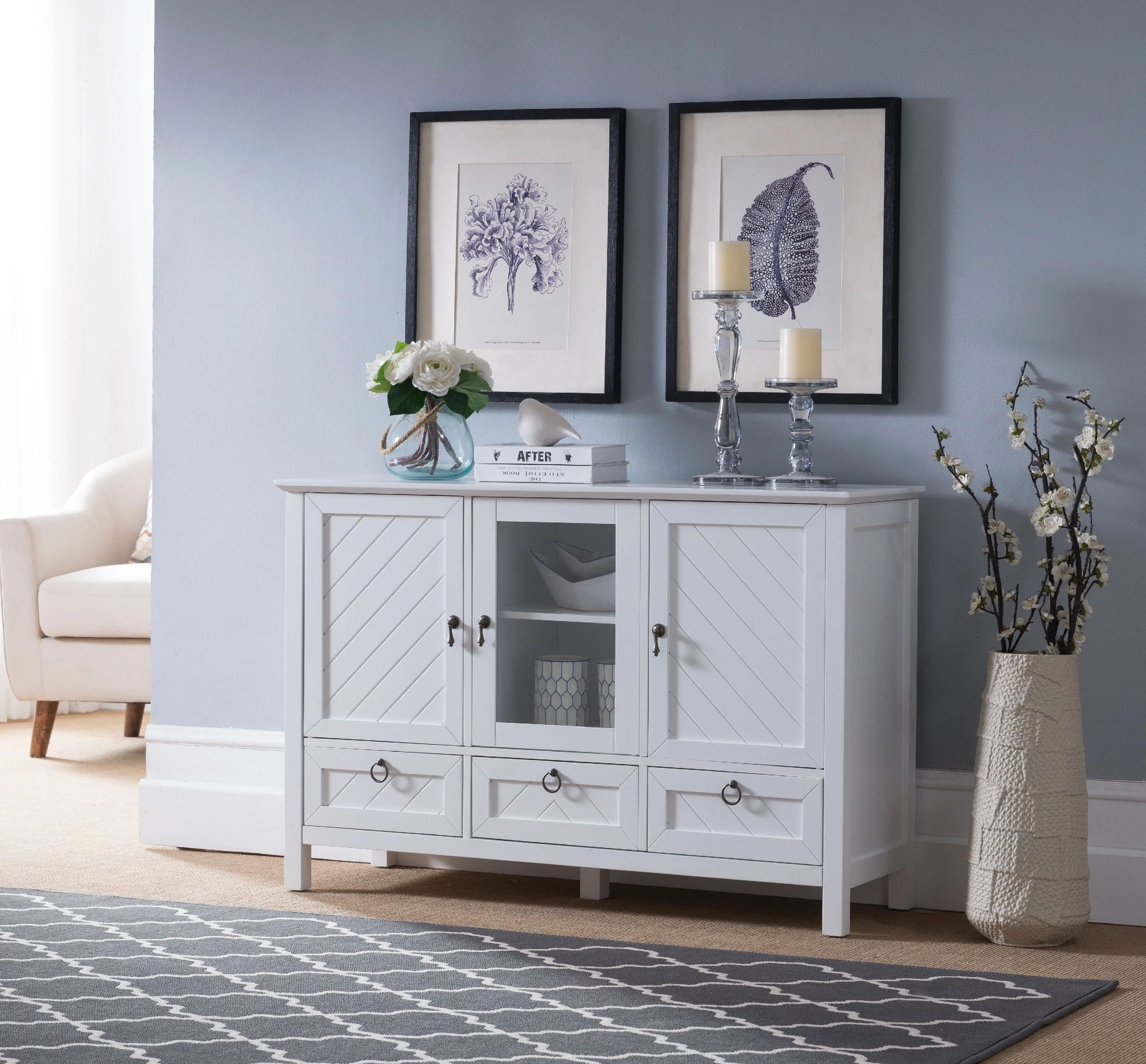 Newport Sideboard Buffet Console Table with Storage Cabinets, Drawers & Adjustable Shelves, White, Wood & Glass, Contemporary