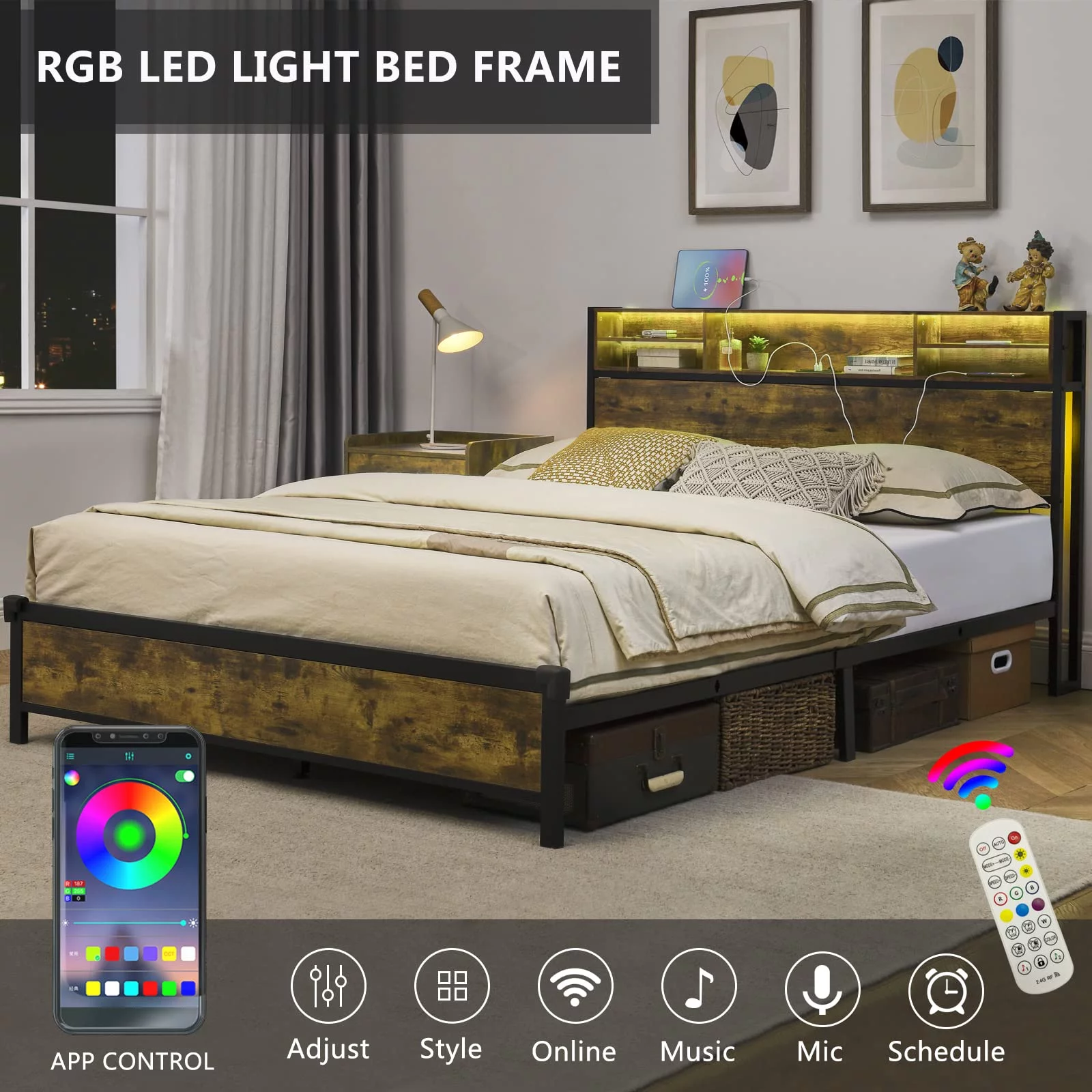 Alohappy LED Queen Bed Frame with Bookcase Headboard, Metal Platform Bed Frame with Charging Station and RGB LED Lights Strips, Sturdy and No Noise, Easy Installation, No Box Spring Needed