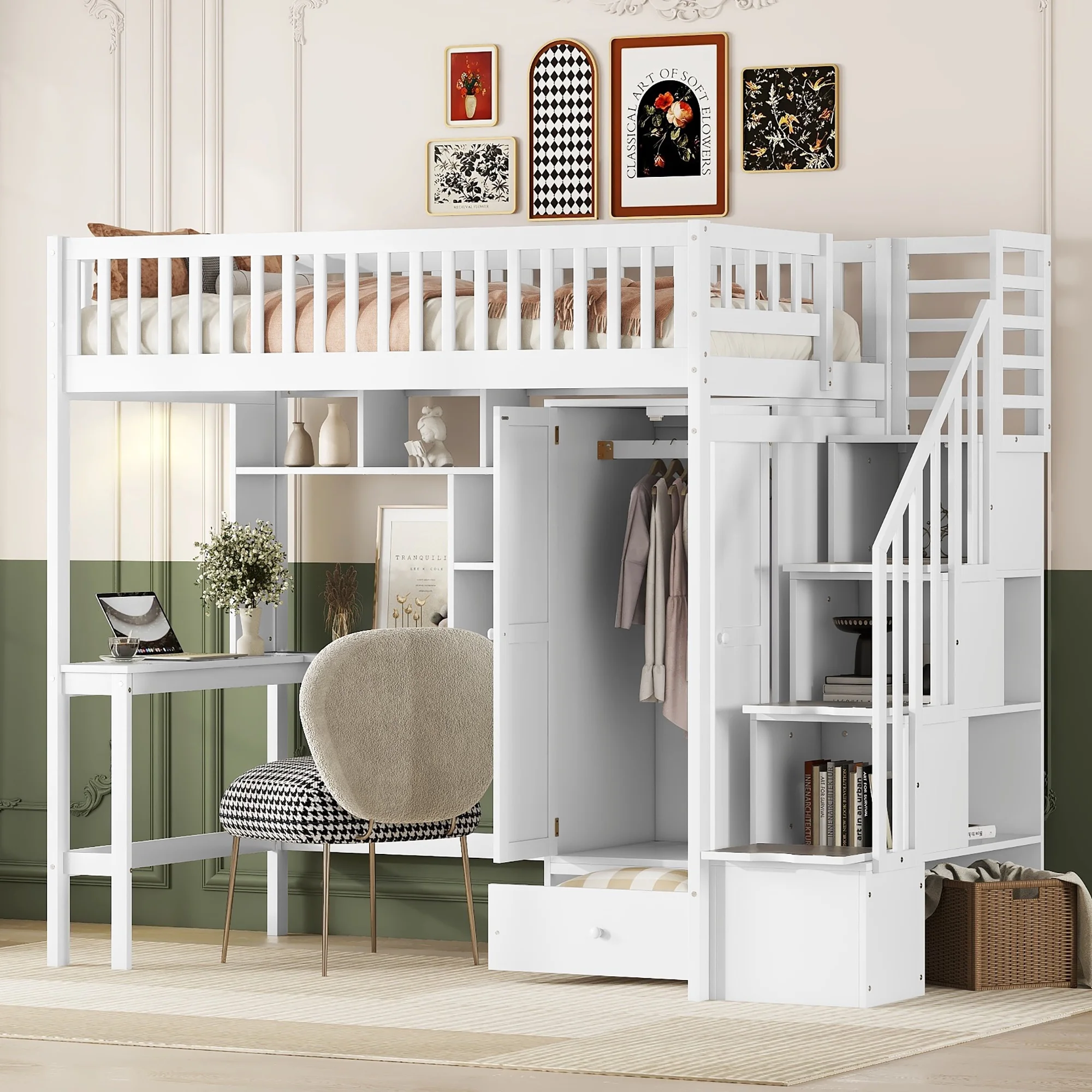 CoSoTower Twin Size Loft Bed with Bookshelf,Drawers,Desk,And Wardrobe-White