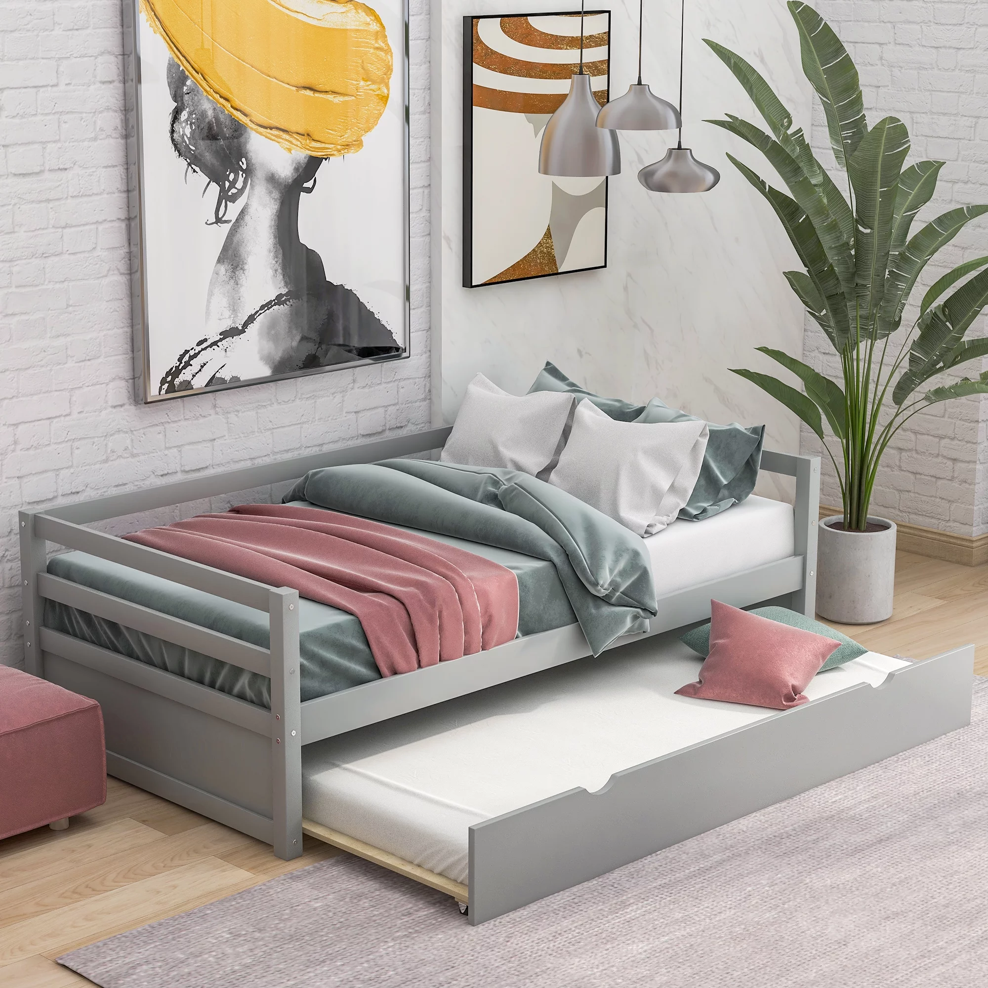 Sofa Bed with Roller Frame Double Bed Grey Bunk Bed Convertible Folding Sofa Pull Out Sofa Combination Suitable for Living Room Children Guest