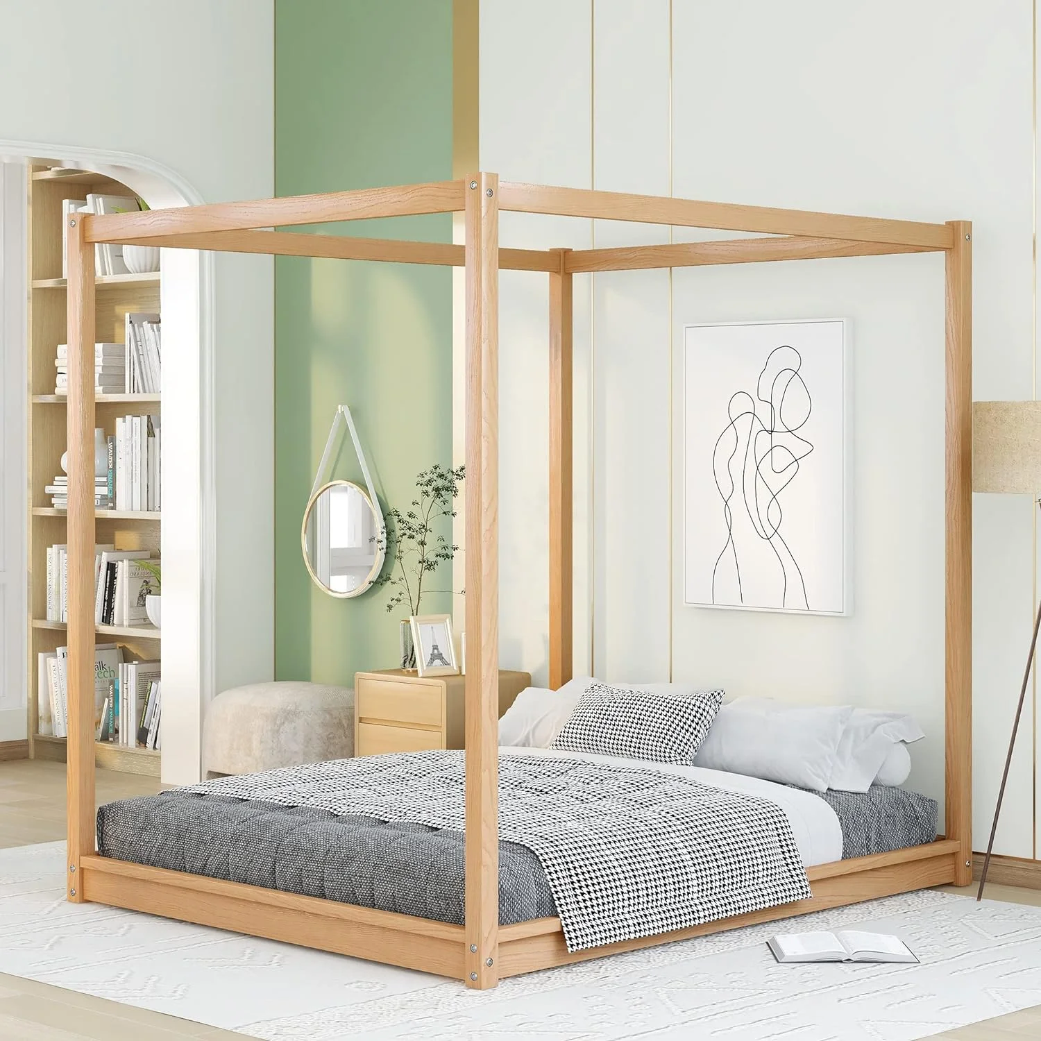 Quee Size Caopy Platform Bed Frame With Support Legs For Kids,atural