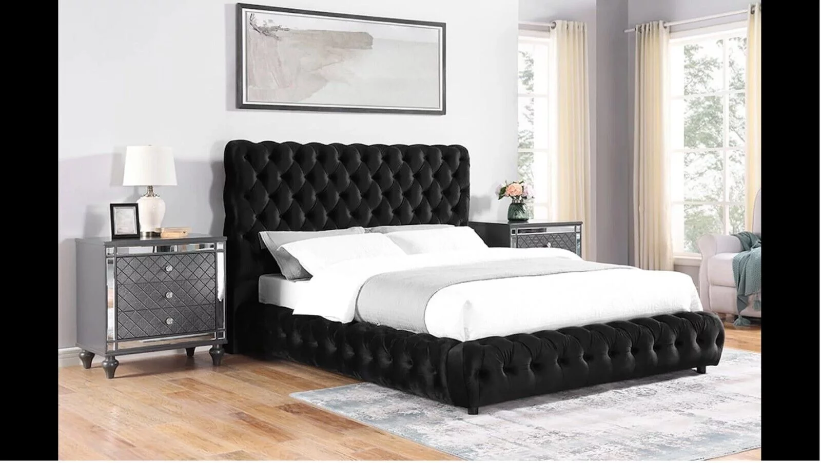Contemporary 3pc Black Fabric Upholstered Queen Size Bed and Nightstand Set Tufted Headboard Footboard Bedroom Furniture